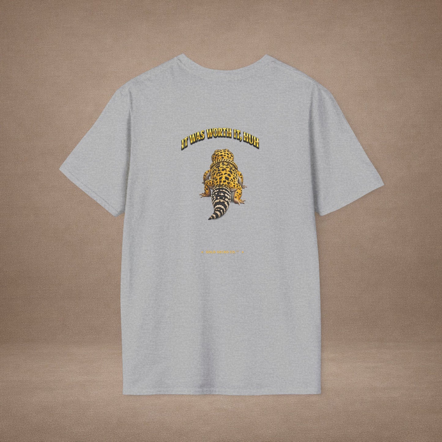 DESIGN #06-1 - Wait For It -  Side-Eye Leopard Gecko Tee (Front & Back)- Gold Letters