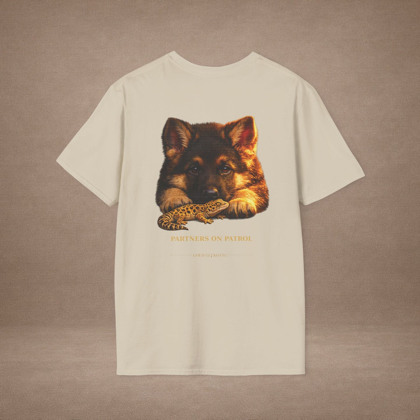 German Shepherd — Partners On Patrol — cinematic photoreal portraits of beloved dog breeds paired w. Gold Gecko Co. Puppies & Geckos collection.