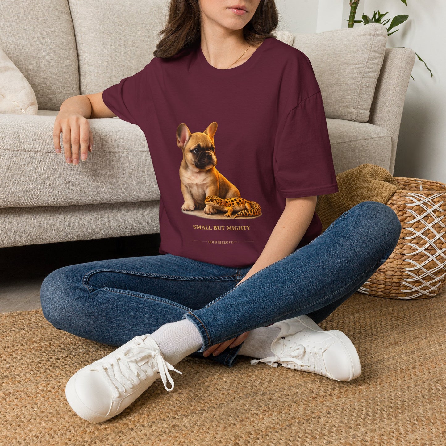 French Bulldog — Small But Mighty — cinematic photoreal portraits of beloved dog breeds paired w. Gold Gecko Co. Puppies & Geckos collection.