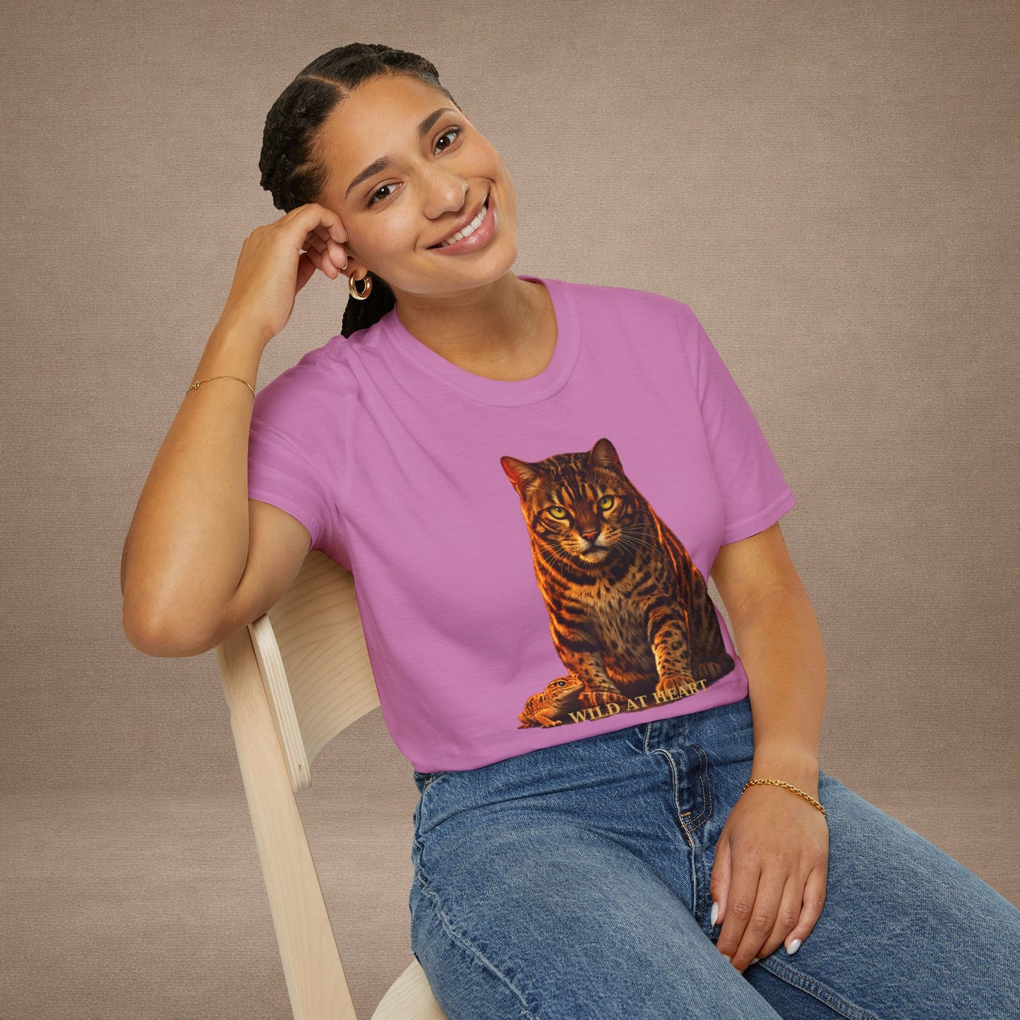 Bengal — Wild At Heart — photoreal cat breed portraits paired with tiny gecko compani. Gold Gecko Co. Cats & Geckos collection.