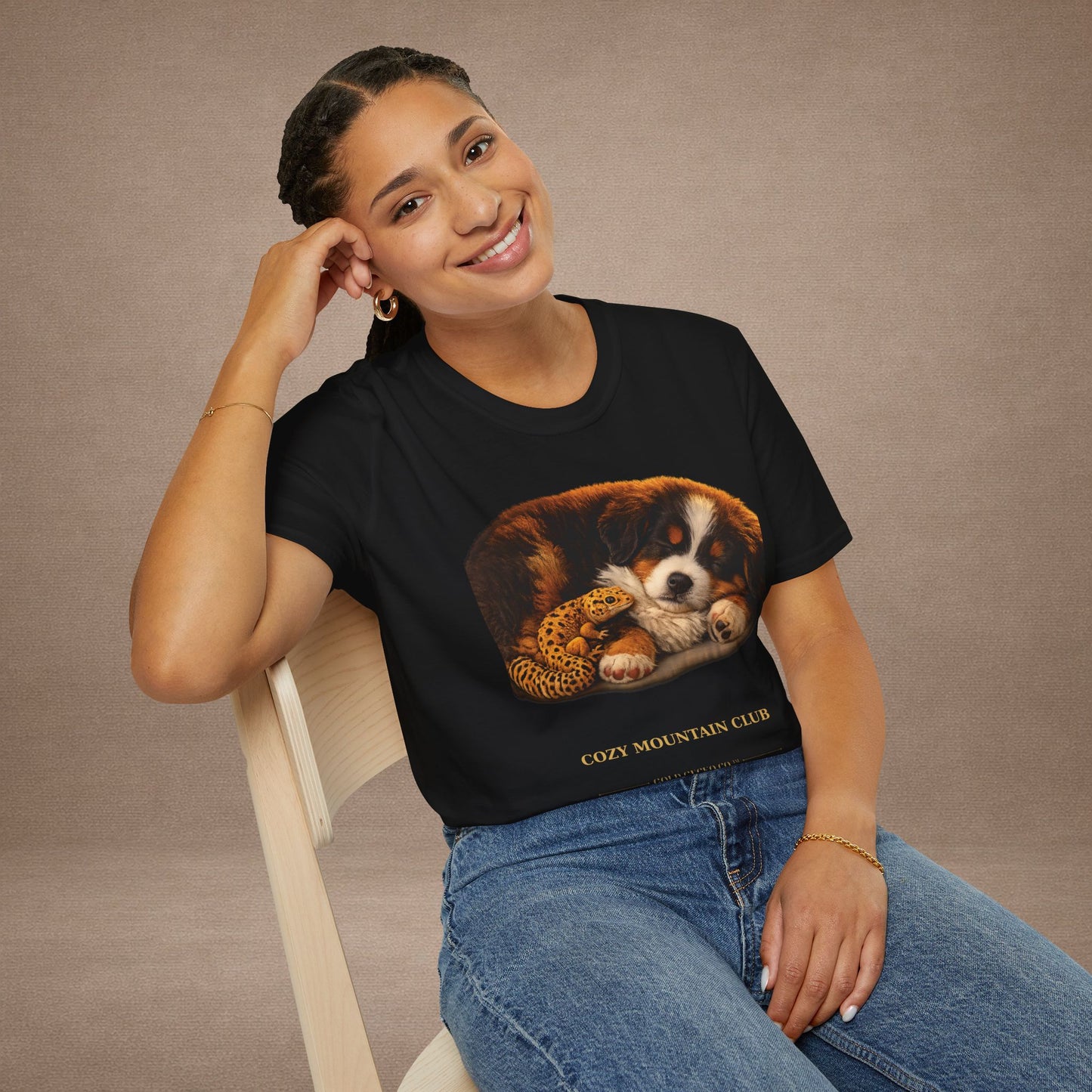 Bernese Mountain Dog — Cozy Mountain Club — cinematic photoreal portraits of beloved dog breeds paired w. Gold Gecko Co. Puppies & Geckos collection.