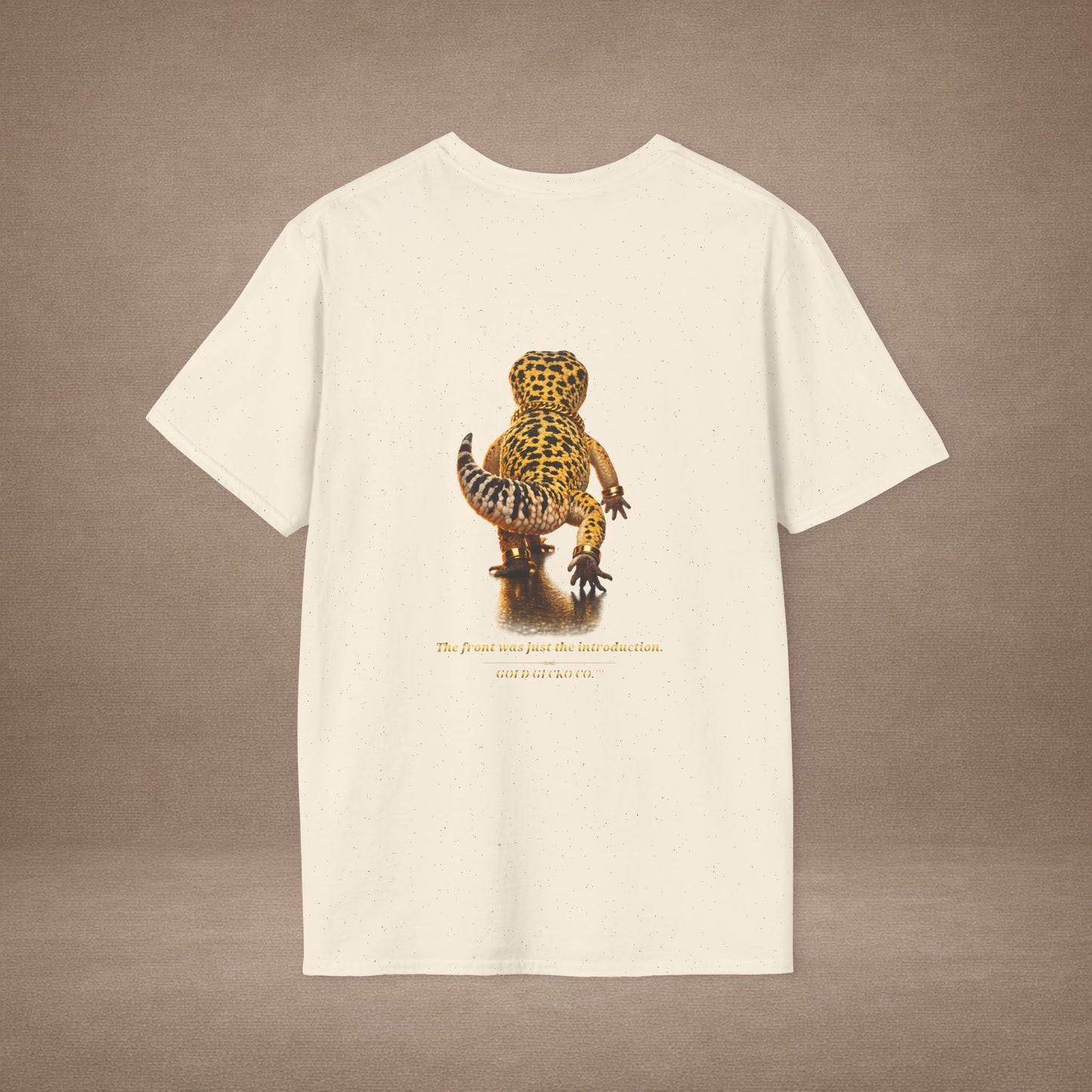 Design # 001  Gold Gecko Co. tm - Signature Logo Tee — Emblem Graphic T-Shirt (Front @ Back)