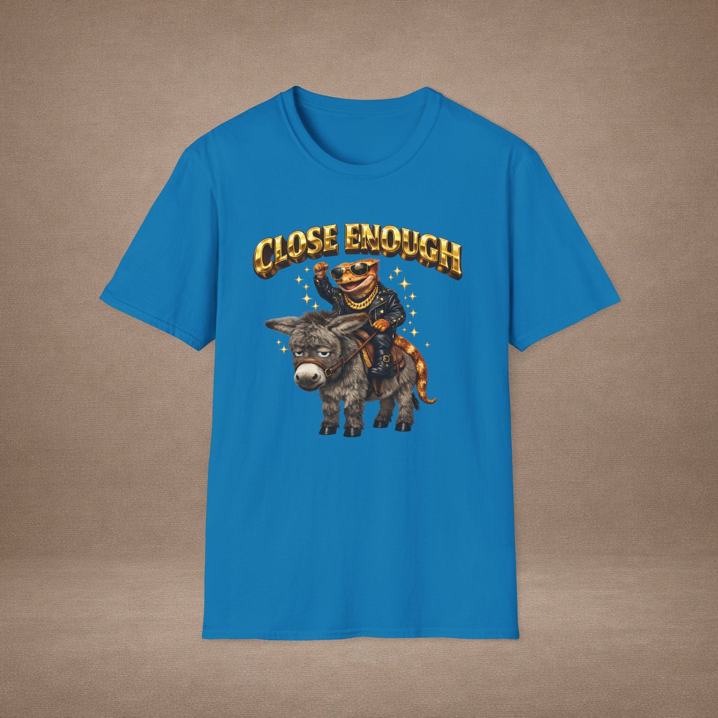DESIGN #04-1 Close Enough — Donkey Gecko Tee (Front & Back) (Gold Letters)