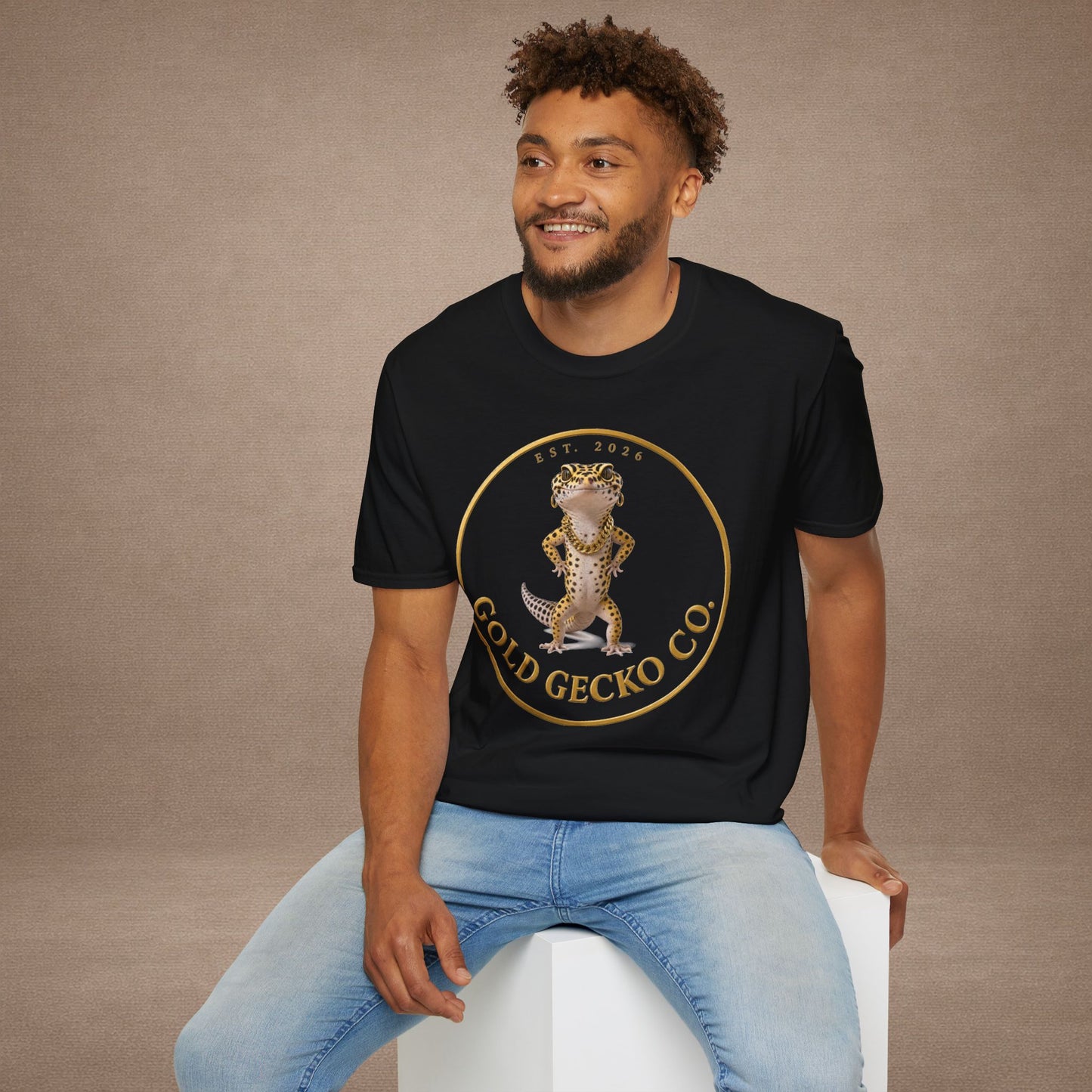 Design # 001  Gold Gecko Co. tm - Signature Logo Tee — Emblem Graphic T-Shirt (Front @ Back)