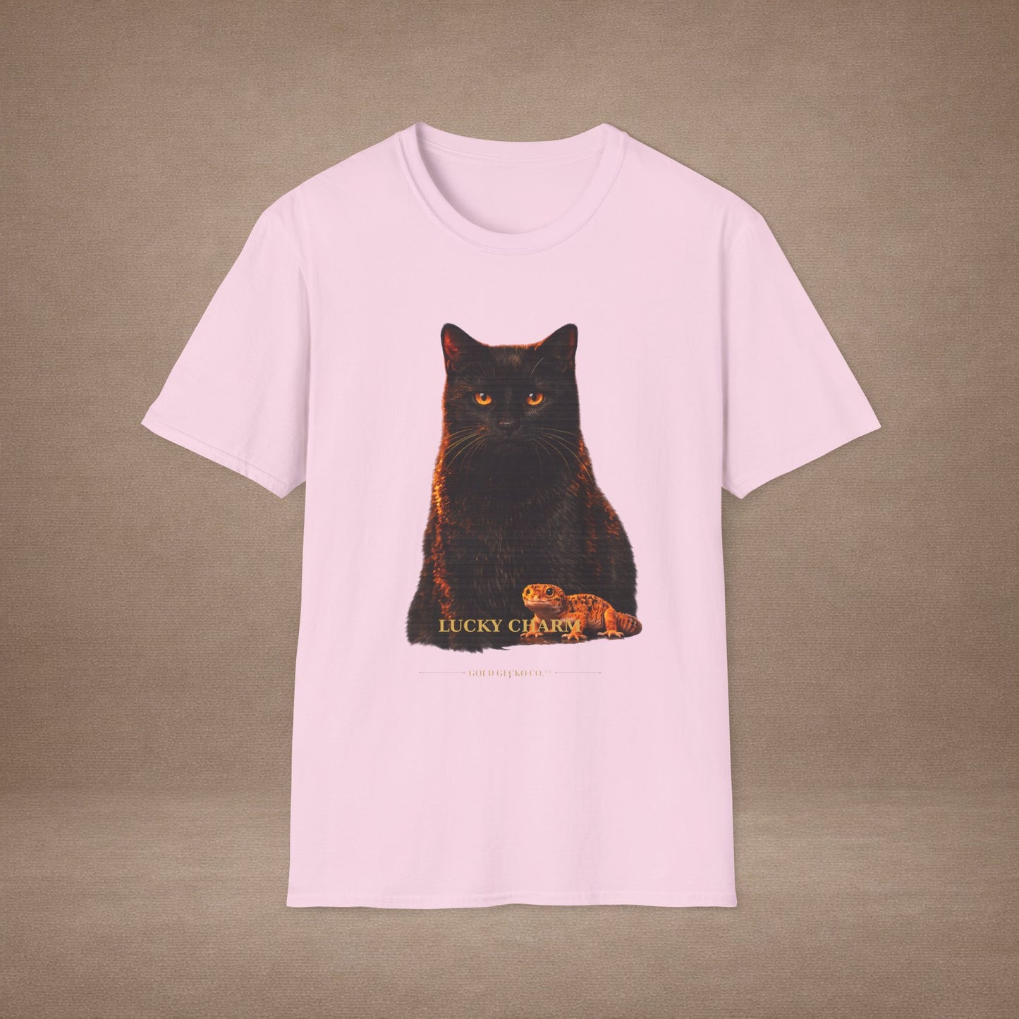 Black Cat — Lucky Charm — photoreal cat breed portraits paired with tiny gecko compani. Gold Gecko Co. Cats & Geckos collection.