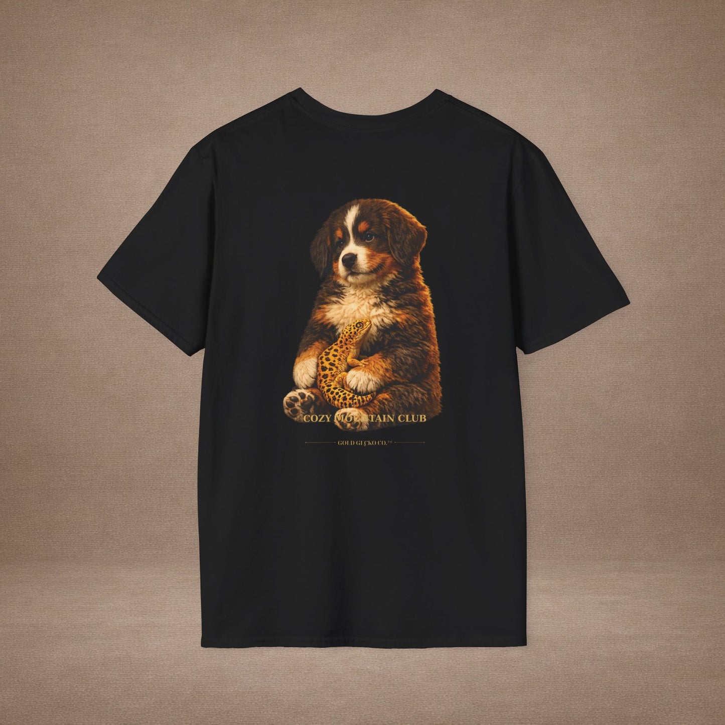 Bernese Mountain Dog — Cozy Mountain Club — cinematic photoreal portraits of beloved dog breeds paired w. Gold Gecko Co. Puppies & Geckos collection.