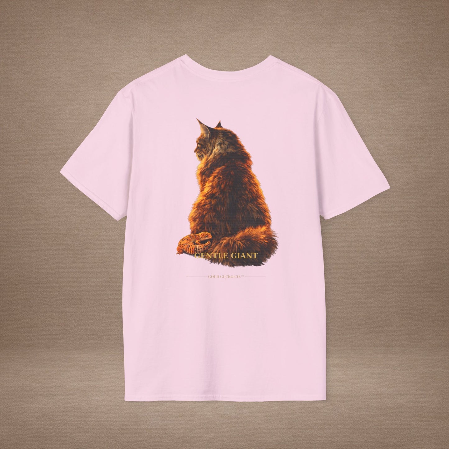 Maine Coon — Gentle Giant — photoreal cat breed portraits paired with tiny gecko compani. Gold Gecko Co. Cats & Geckos collection.