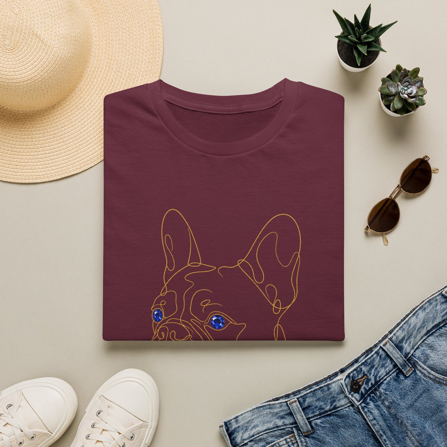 Sapphire French Bulldog single-line art with sapphire blue gem eye — Gold Gecko Co. Line & Gold collection (Dark)