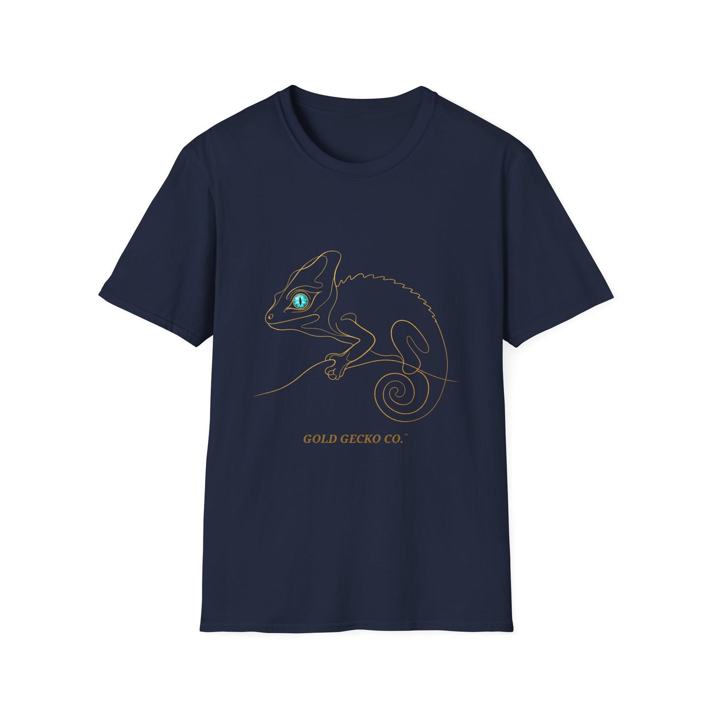 Turquoise Chameleon single-line art with turquoise gem eye — Gold Gecko Co. Line & Gold collection (Dark)
