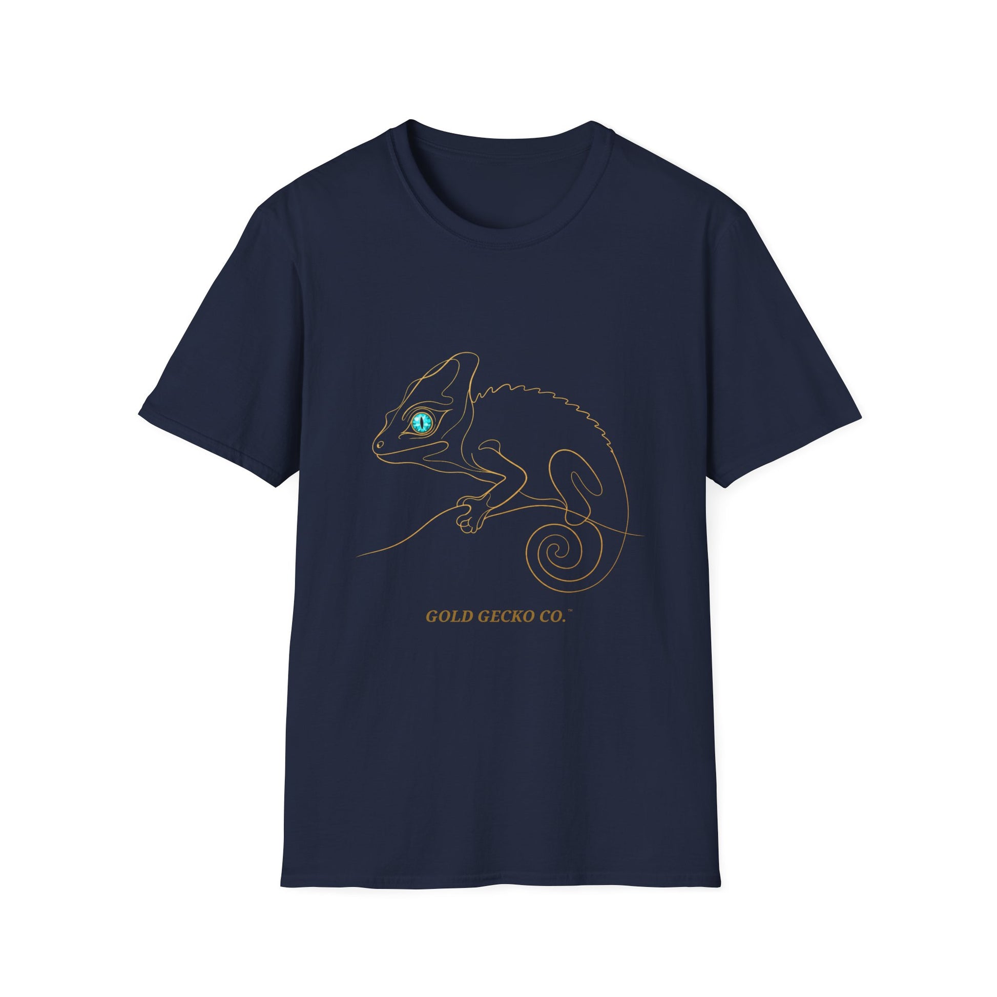 Turquoise Chameleon single-line art with turquoise gem eye — Gold Gecko Co. Line & Gold collection (Dark)