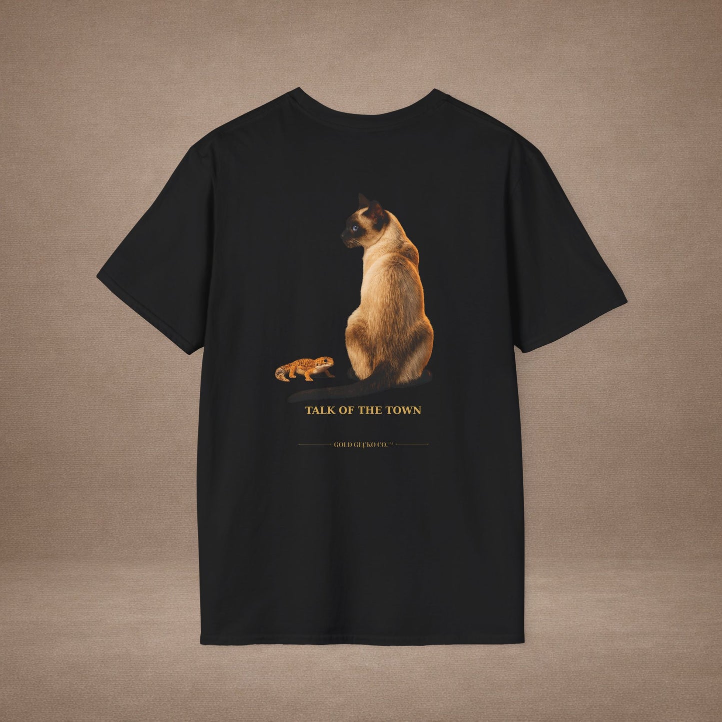 Siamese — Talk Of The Town — photoreal cat breed portraits paired with tiny gecko compani. Gold Gecko Co. Cats & Geckos collection.