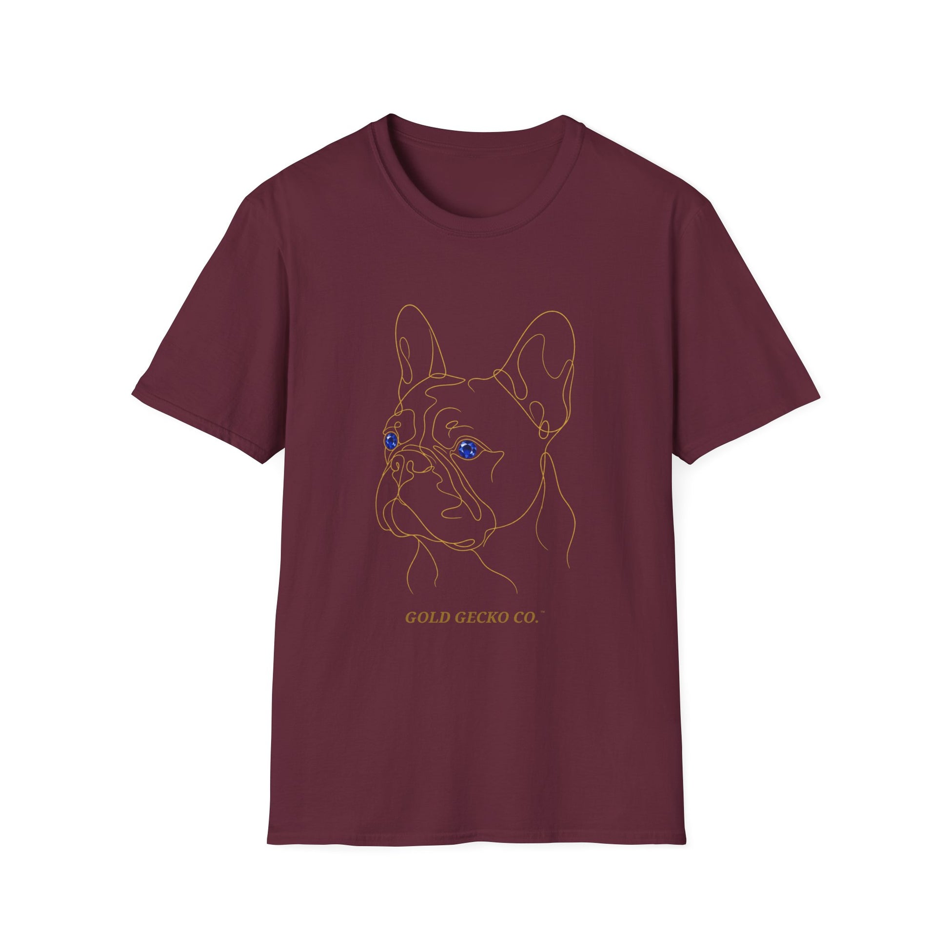 Sapphire French Bulldog single-line art with sapphire blue gem eye — Gold Gecko Co. Line & Gold collection (Dark)