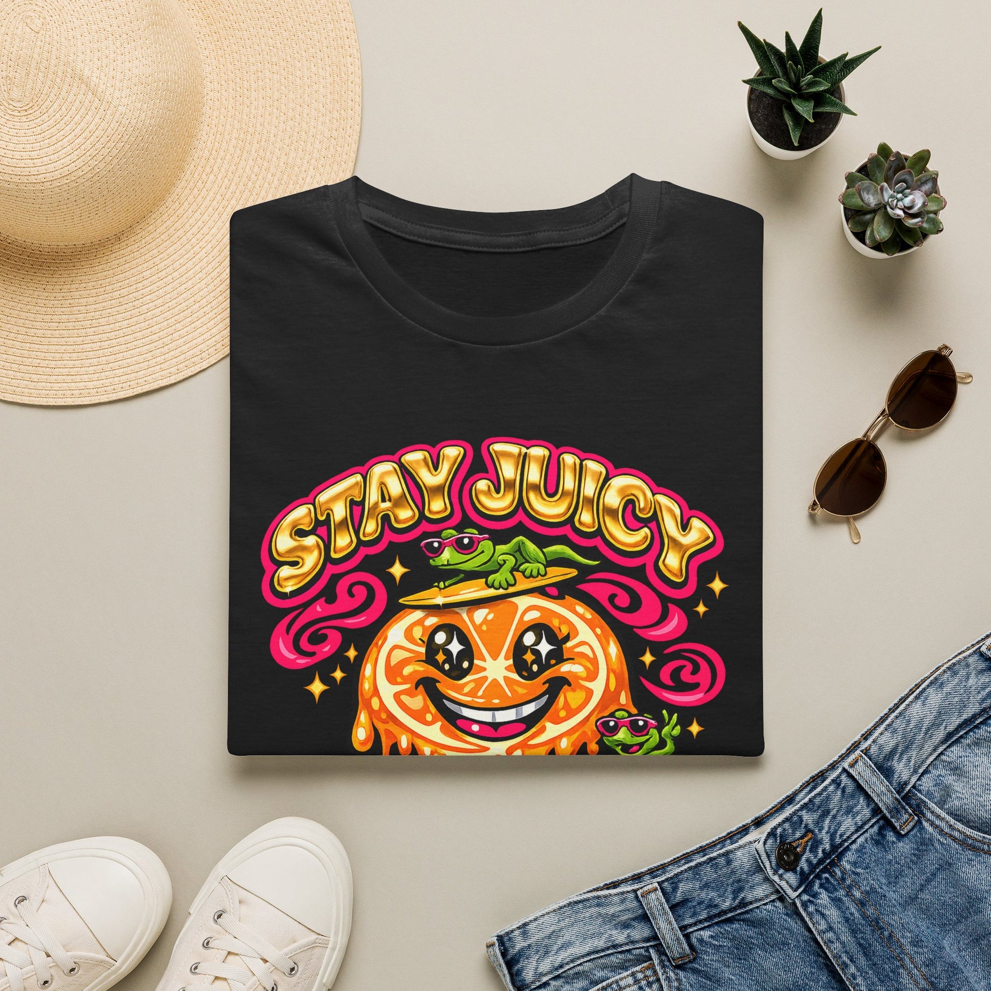Stay Juicy retro chrome orange & gecko graphic t-shirt — Gold Gecko Co.