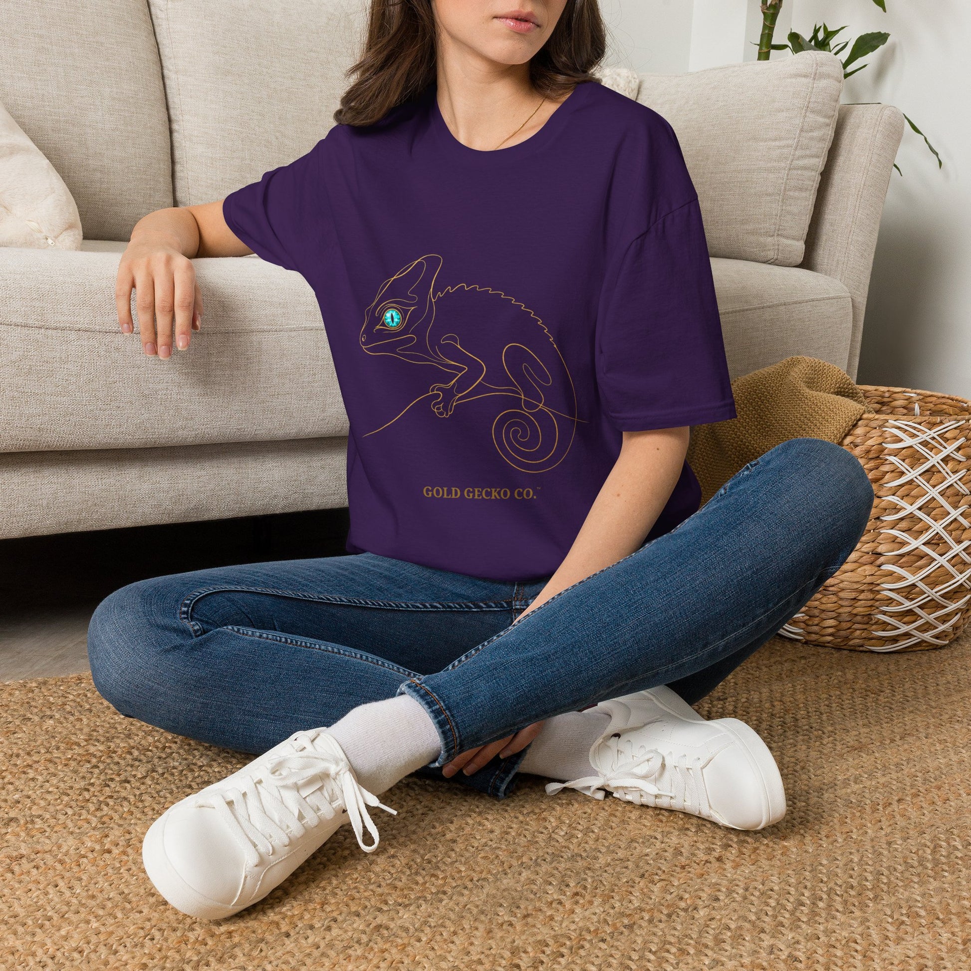 Turquoise Chameleon single-line art with turquoise gem eye — Gold Gecko Co. Line & Gold collection (Dark)
