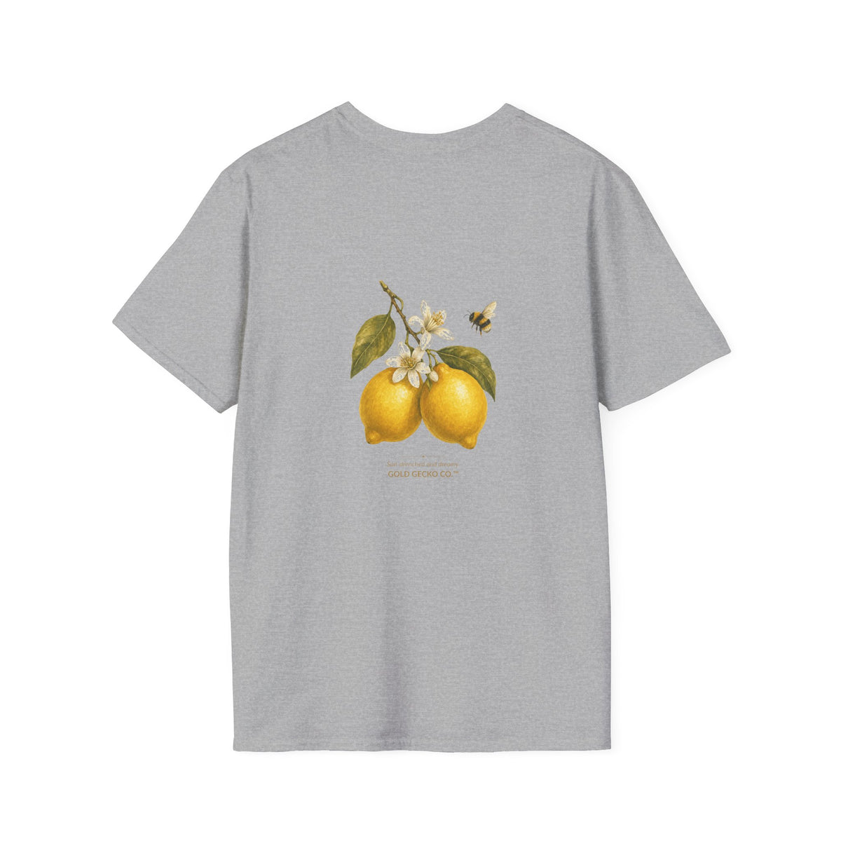 Citrus Grove Gecko cottagecore watercolor T-shirt from Gold Gecko Co. — gecko in a sunlit Mediterranean citrus grove of lemons and oranges.