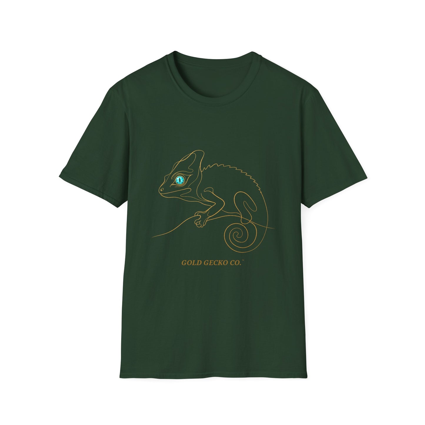 Turquoise Chameleon single-line art with turquoise gem eye — Gold Gecko Co. Line & Gold collection (Dark)