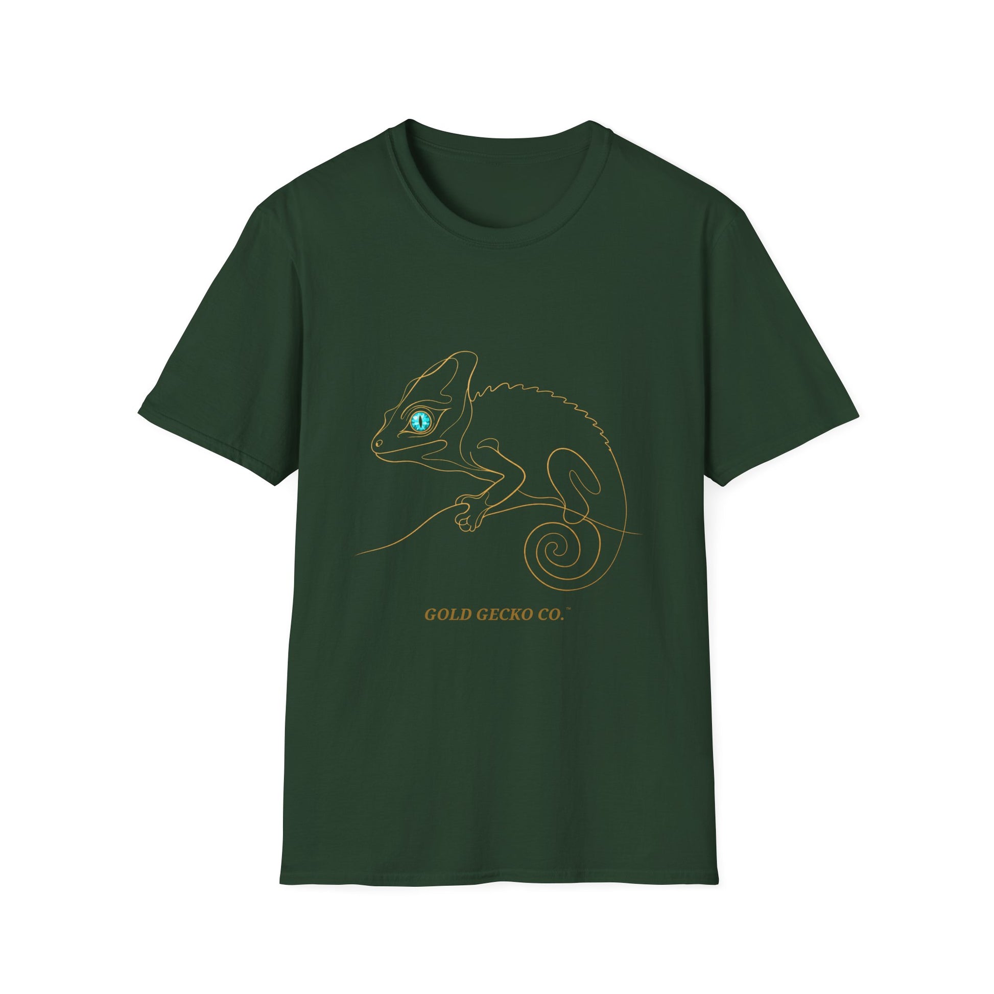 Turquoise Chameleon single-line art with turquoise gem eye — Gold Gecko Co. Line & Gold collection (Dark)