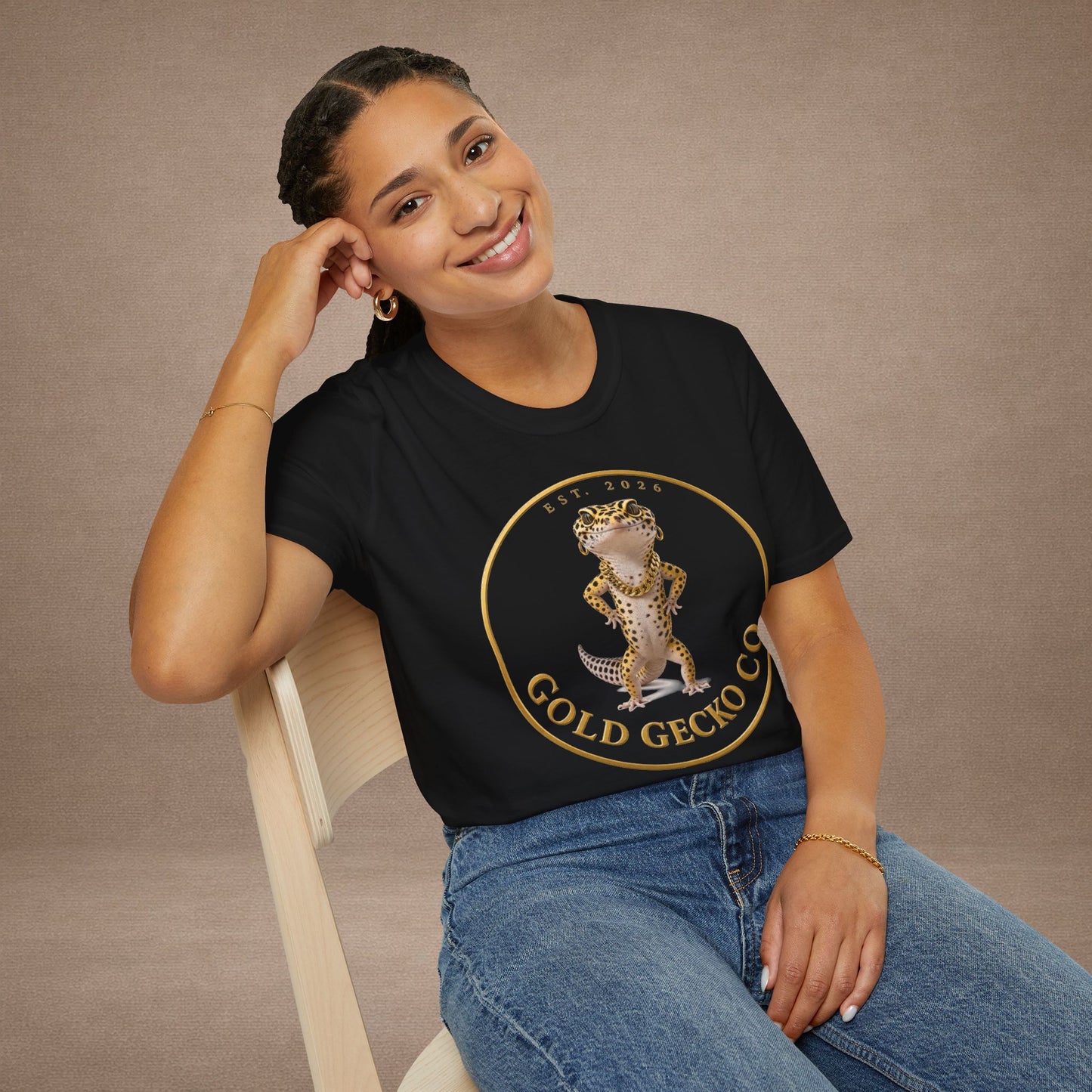 Design # 001  Gold Gecko Co. tm - Signature Logo Tee — Emblem Graphic T-Shirt (Front @ Back)