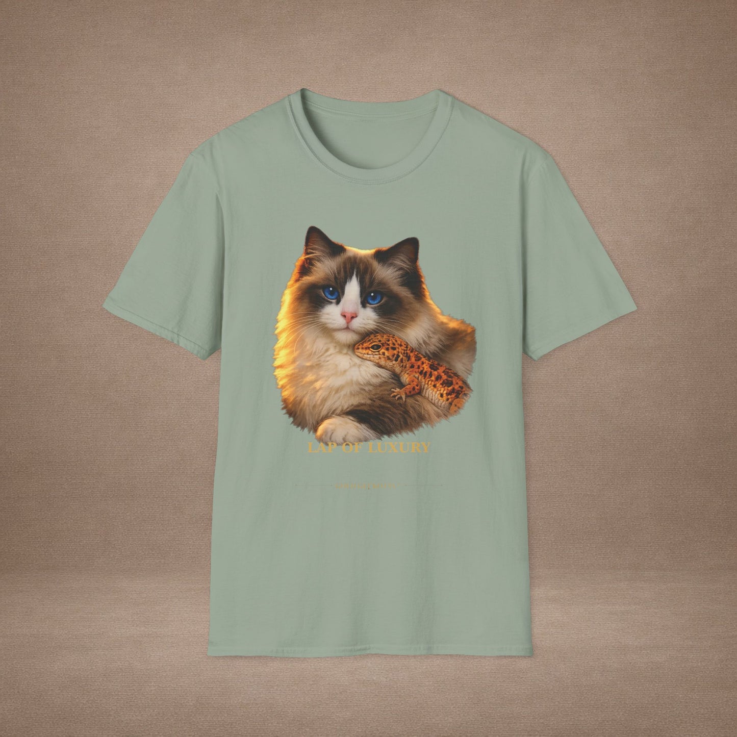 Ragdoll — Lap Of Luxury — photoreal cat breed portraits paired with tiny gecko compani. Gold Gecko Co. Cats & Geckos collection.