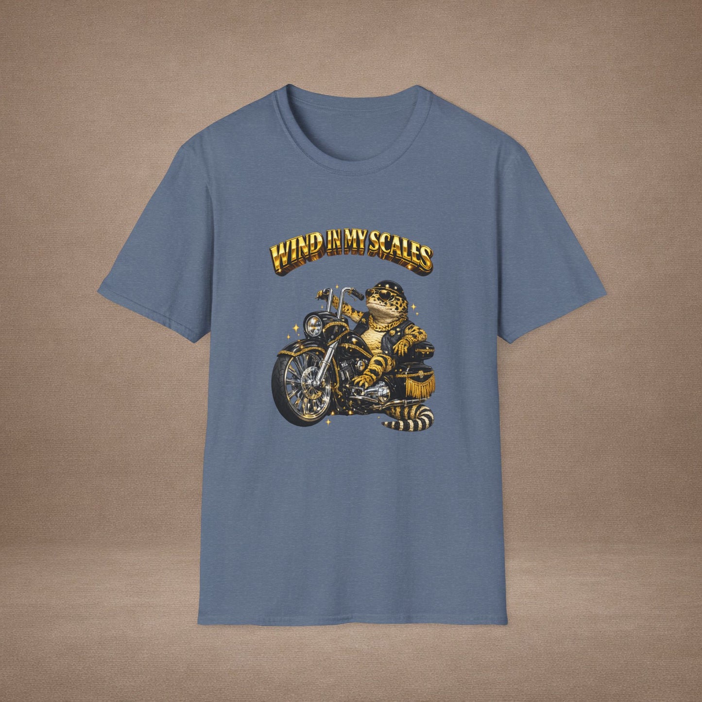 DESIGN #38 Wind in My Scales — Bagger Gecko Tee (Front & Back) Golden Letters