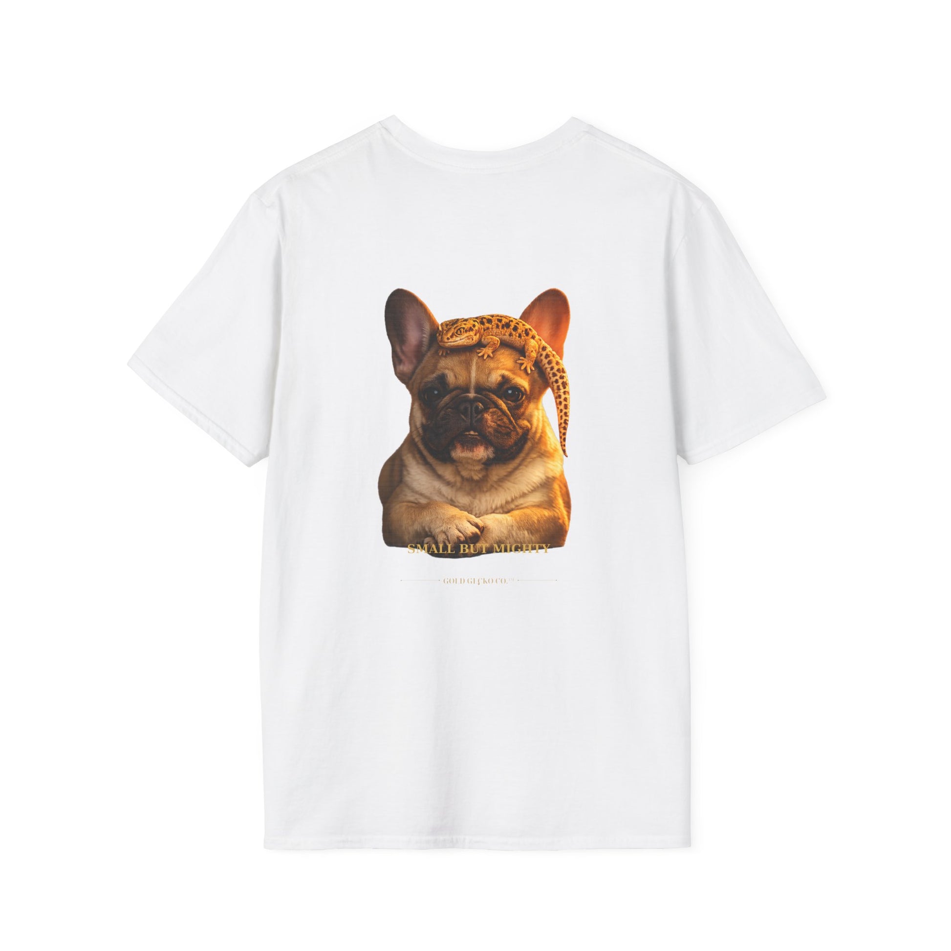 French Bulldog — Small But Mighty — cinematic photoreal portraits of beloved dog breeds paired w. Gold Gecko Co. Puppies & Geckos collection.