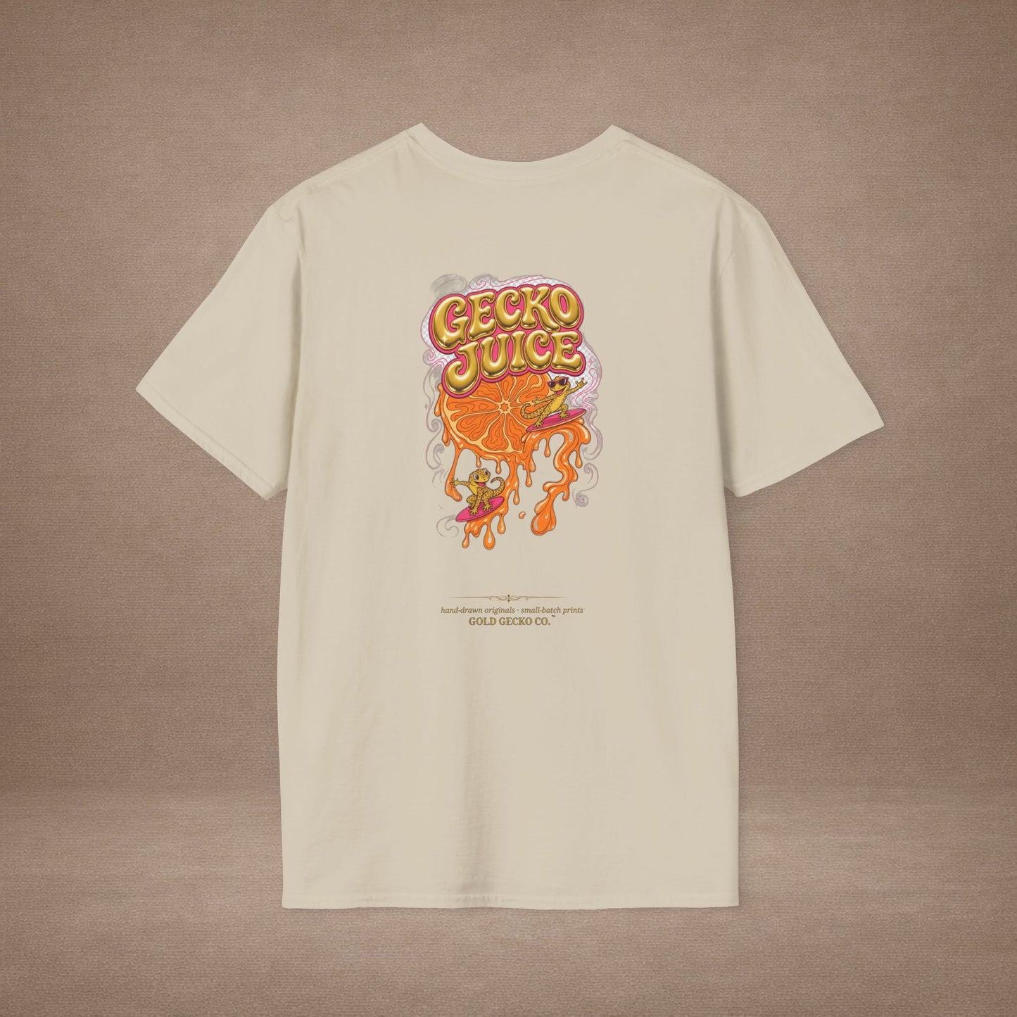 Stay Juicy retro chrome orange & gecko graphic t-shirt — Gold Gecko Co.