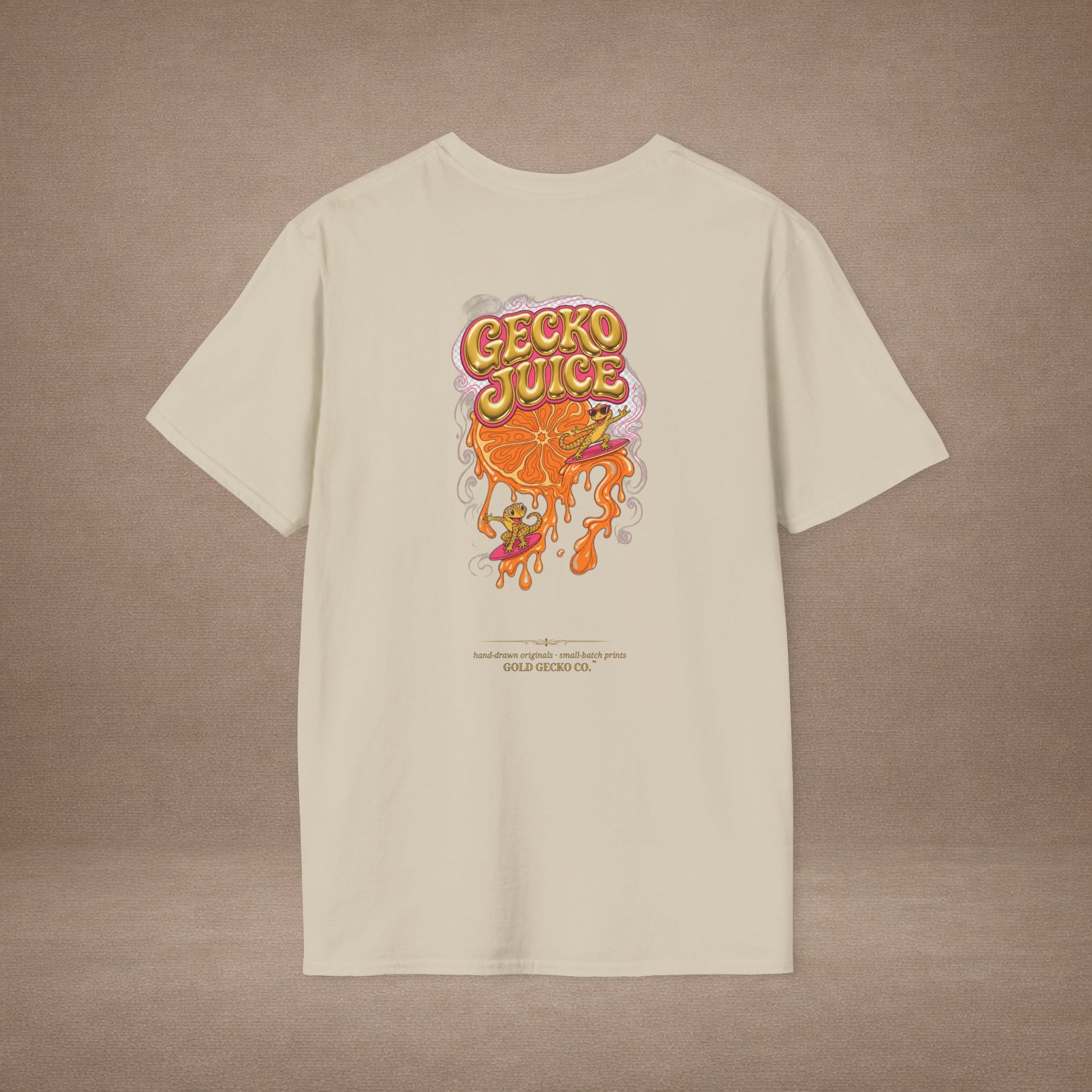 Stay Juicy retro chrome orange & gecko graphic t-shirt — Gold Gecko Co.