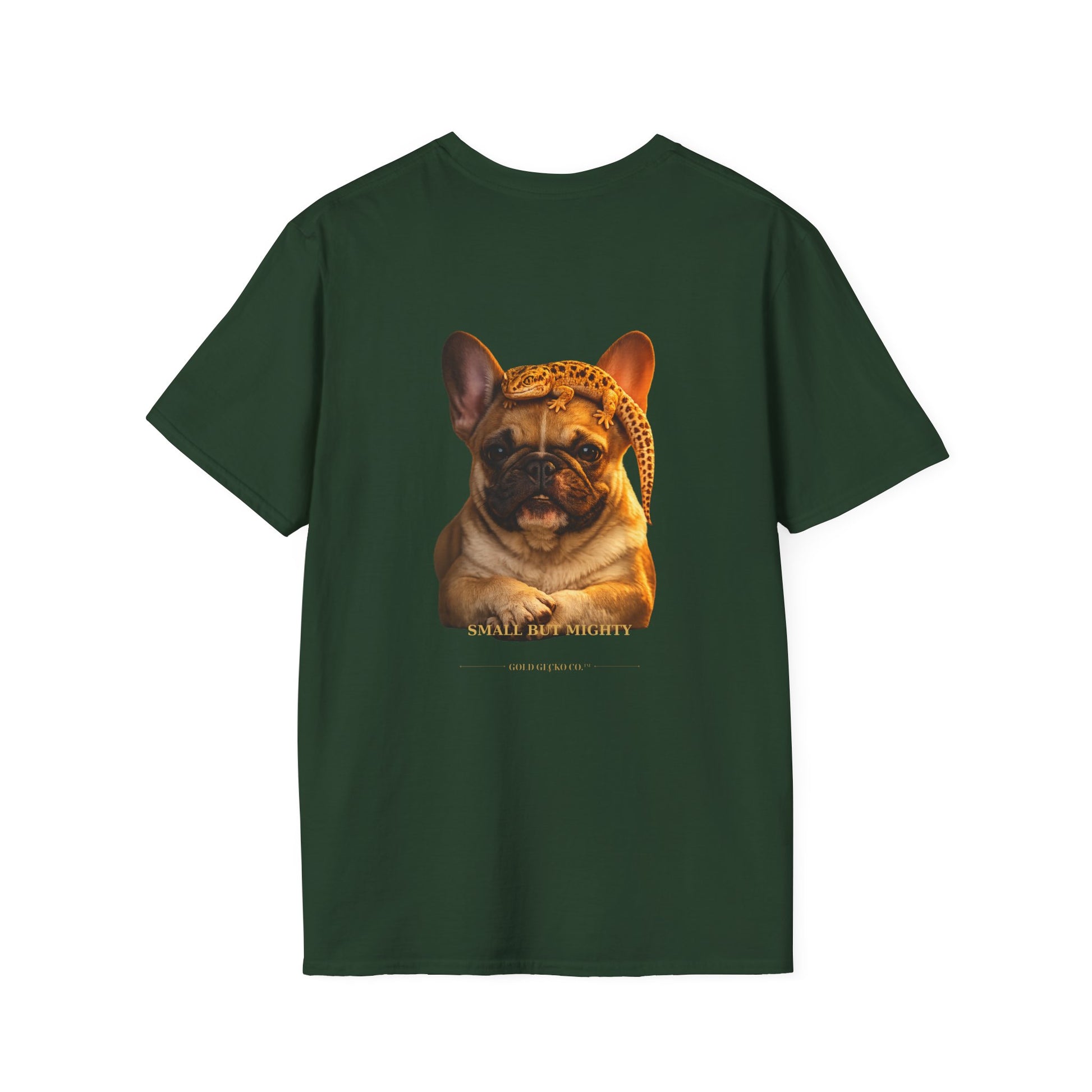 French Bulldog — Small But Mighty — cinematic photoreal portraits of beloved dog breeds paired w. Gold Gecko Co. Puppies & Geckos collection.