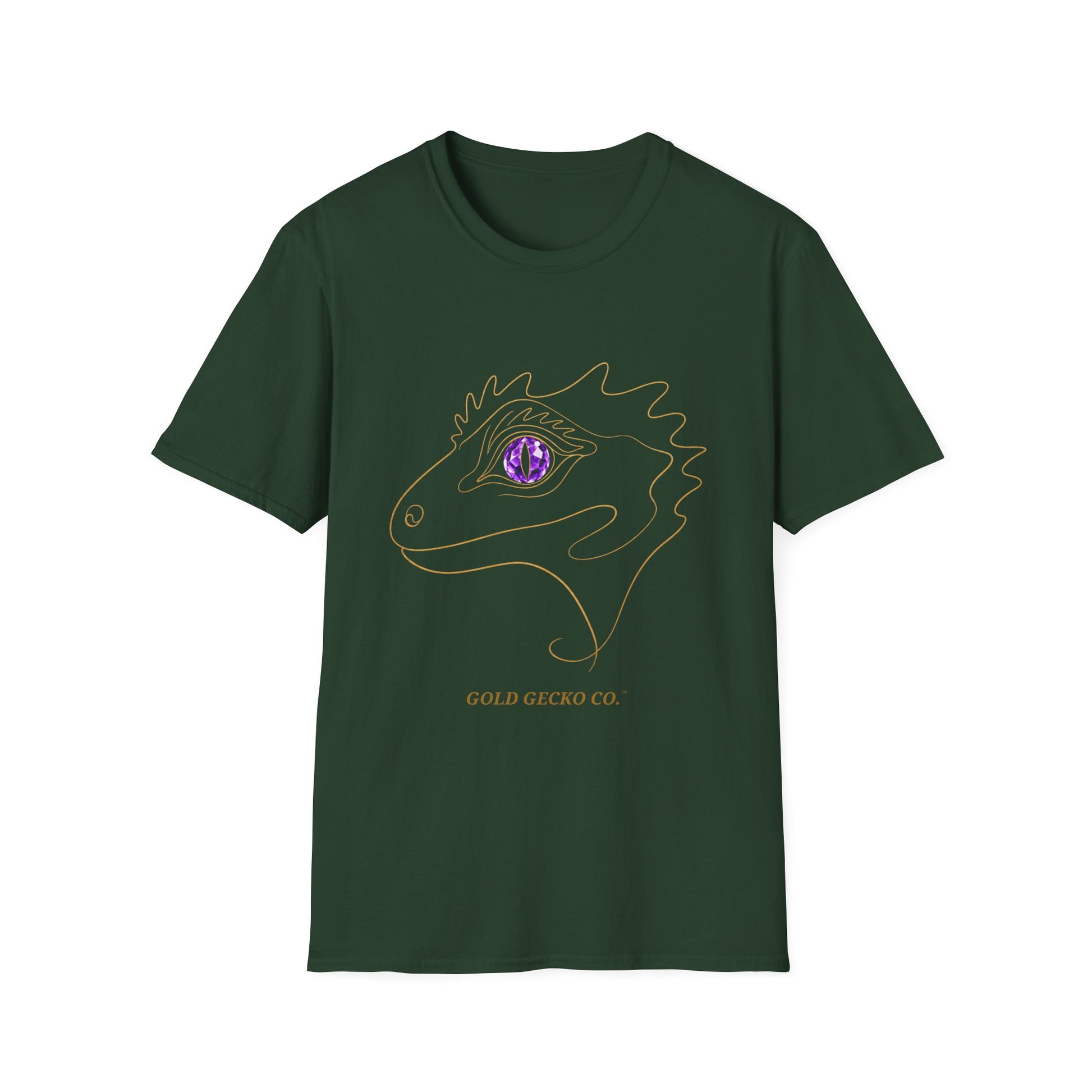 Amethyst Crested Gecko single-line art with amethyst purple gem eye — Gold Gecko Co. Line & Gold collection (Dark)