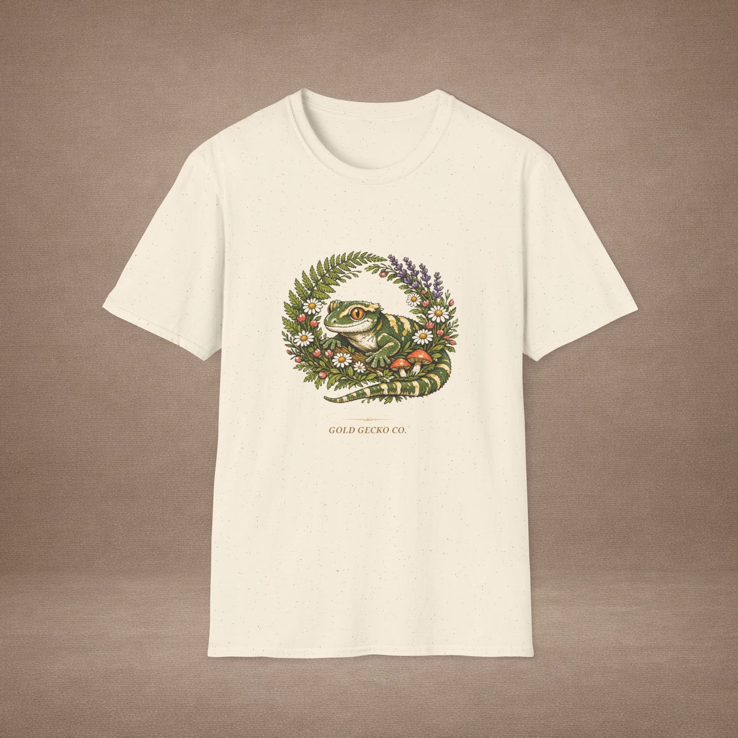 Garden Gecko leopard gecko t-shirt with botanical ferns, mushrooms, and daisies — Gold Gecko Co. cottagecore collection
