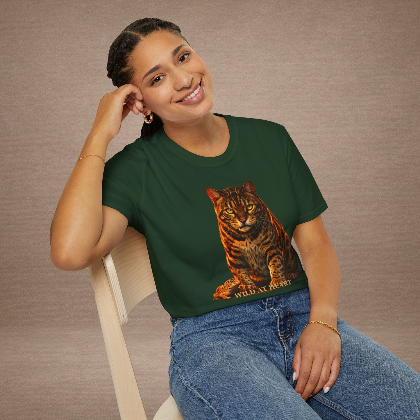 Bengal — Wild At Heart — photoreal cat breed portraits paired with tiny gecko compani. Gold Gecko Co. Cats & Geckos collection.