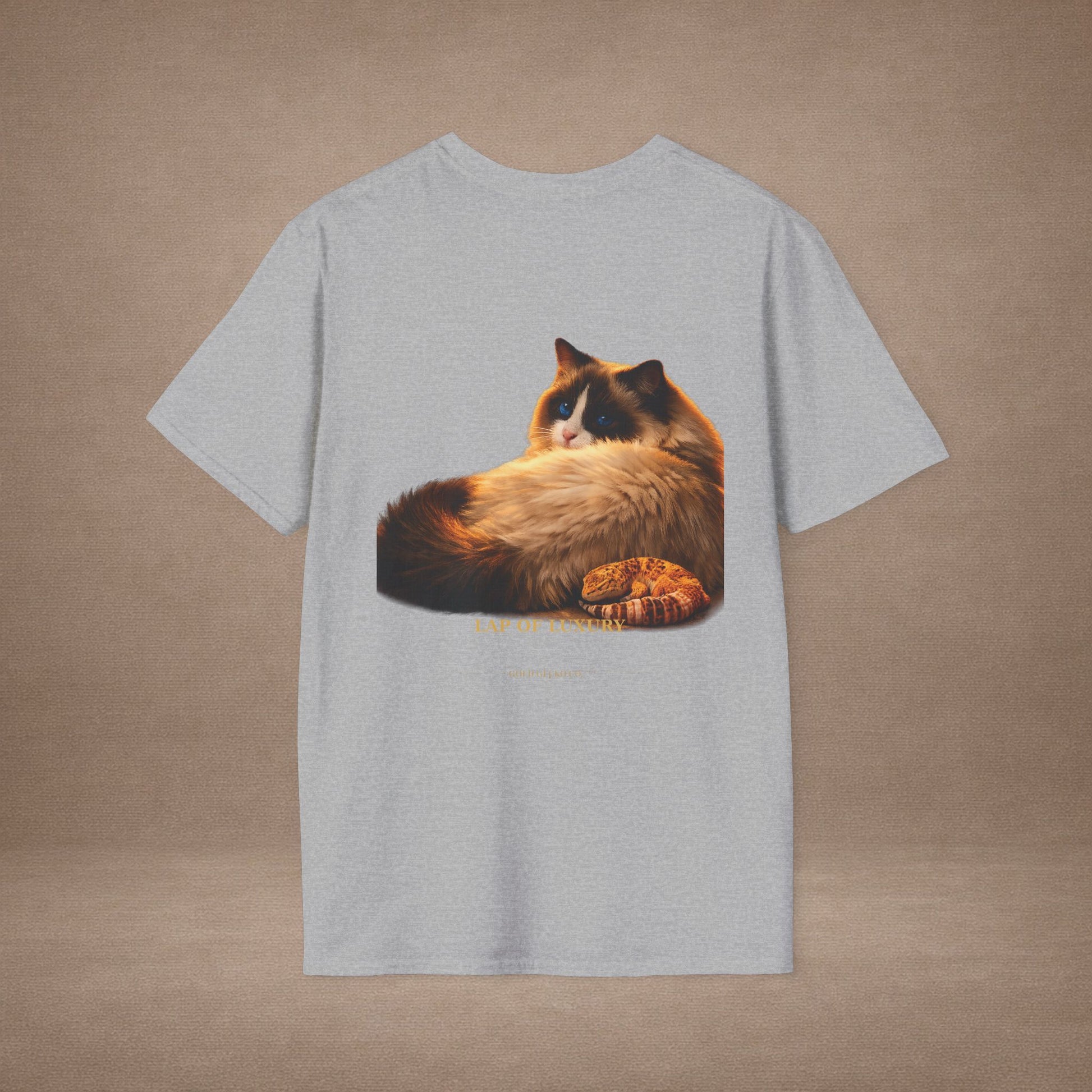 Ragdoll — Lap Of Luxury — photoreal cat breed portraits paired with tiny gecko compani. Gold Gecko Co. Cats & Geckos collection.