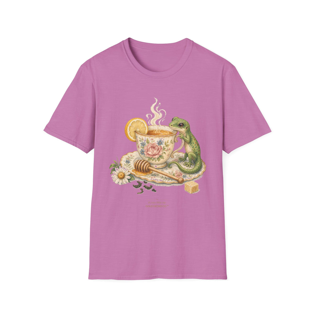 Tea Time Gecko cottagecore watercolor T-shirt from Gold Gecko Co. — gecko sipping from a floral teacup among daisies and lavender.