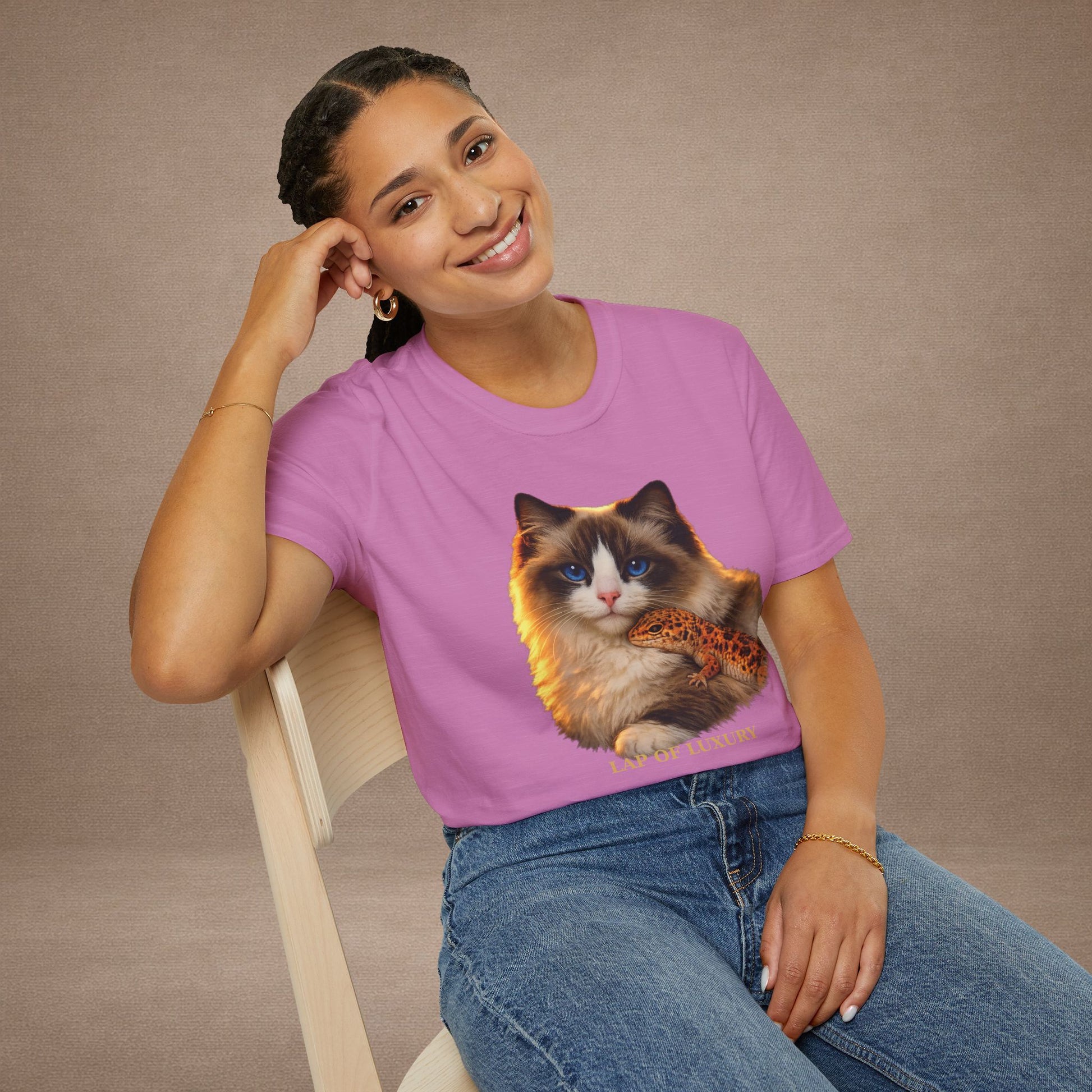 Ragdoll — Lap Of Luxury — photoreal cat breed portraits paired with tiny gecko compani. Gold Gecko Co. Cats & Geckos collection.