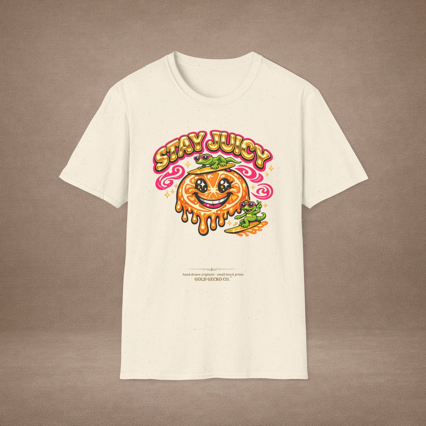 Stay Juicy retro chrome orange & gecko graphic t-shirt — Gold Gecko Co.