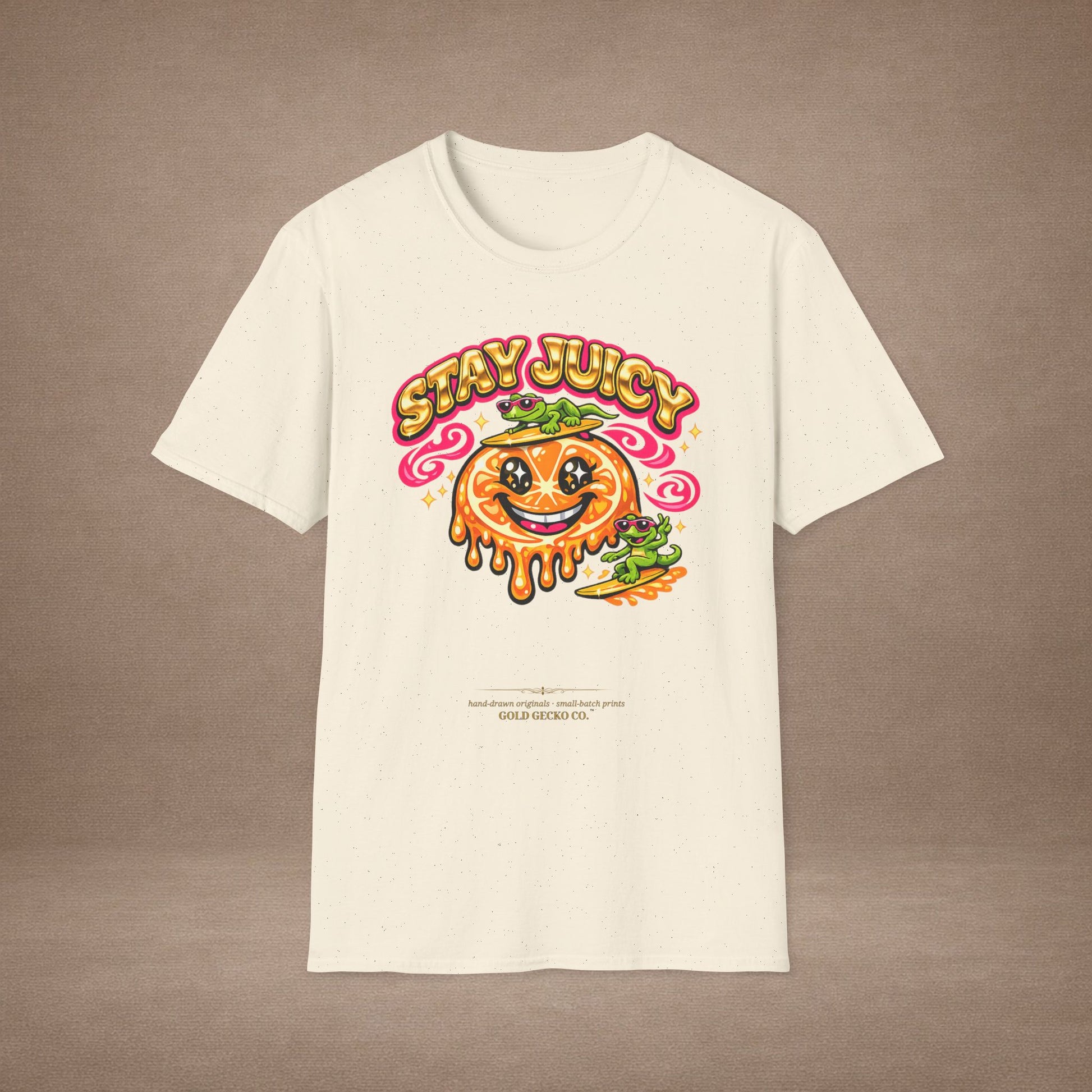 Stay Juicy retro chrome orange & gecko graphic t-shirt — Gold Gecko Co.