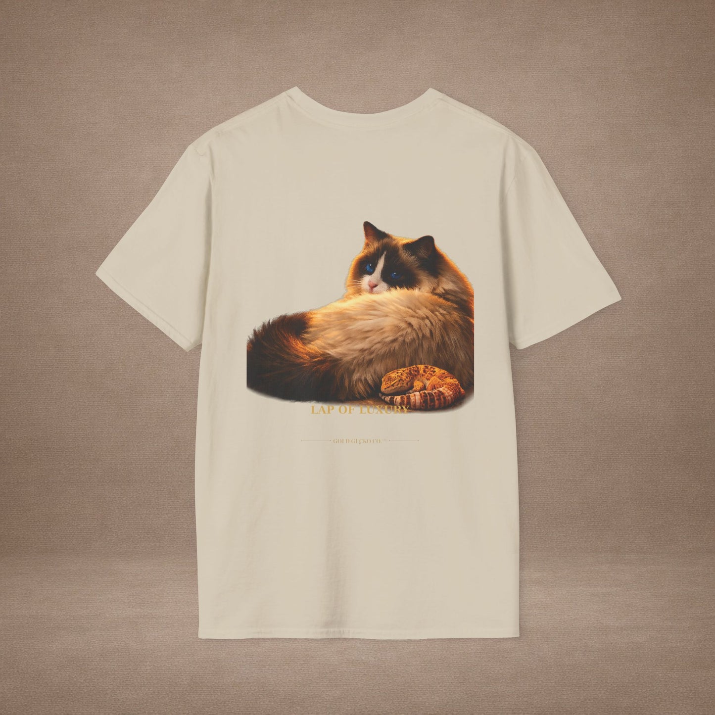 Ragdoll — Lap Of Luxury — photoreal cat breed portraits paired with tiny gecko compani. Gold Gecko Co. Cats & Geckos collection.