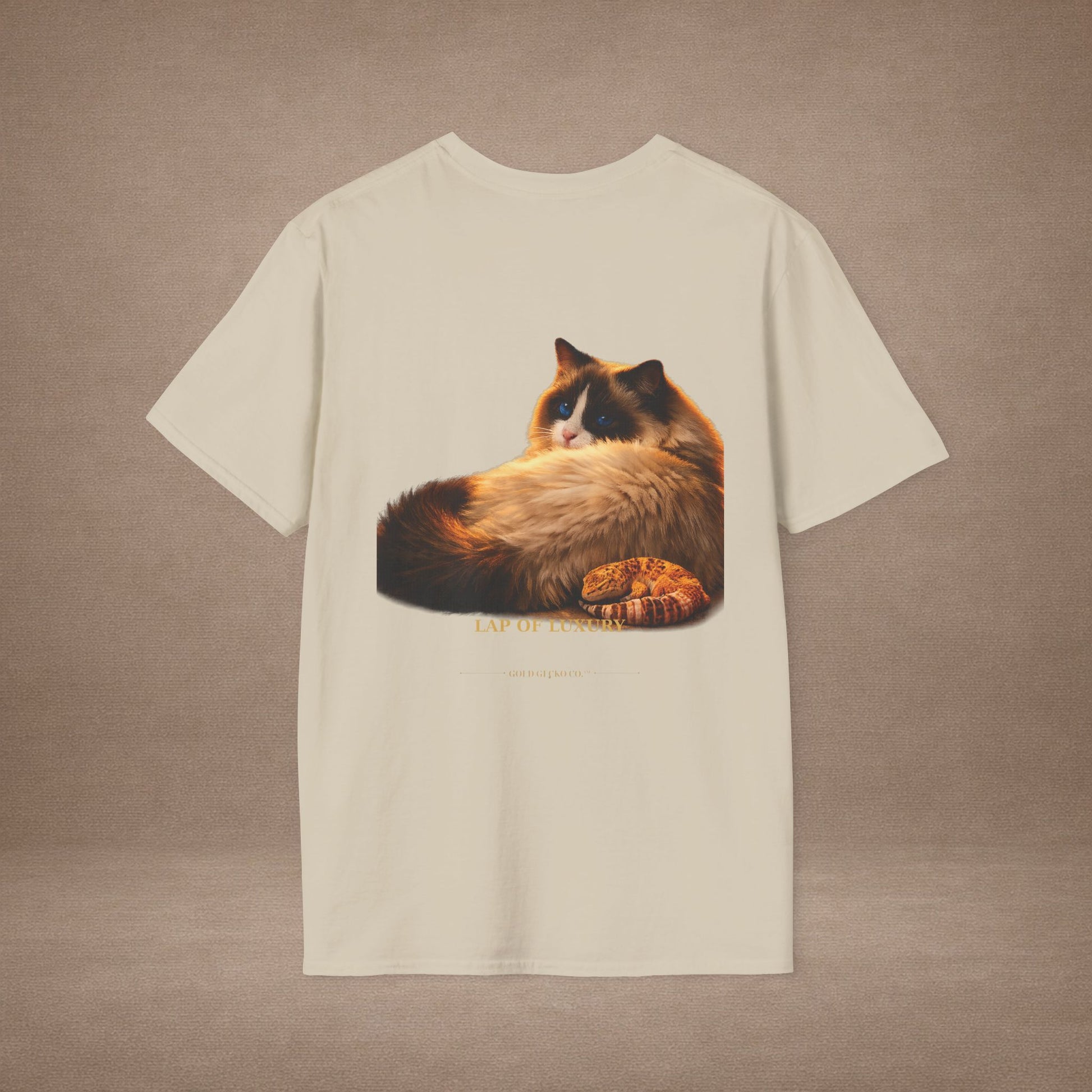 Ragdoll — Lap Of Luxury — photoreal cat breed portraits paired with tiny gecko compani. Gold Gecko Co. Cats & Geckos collection.