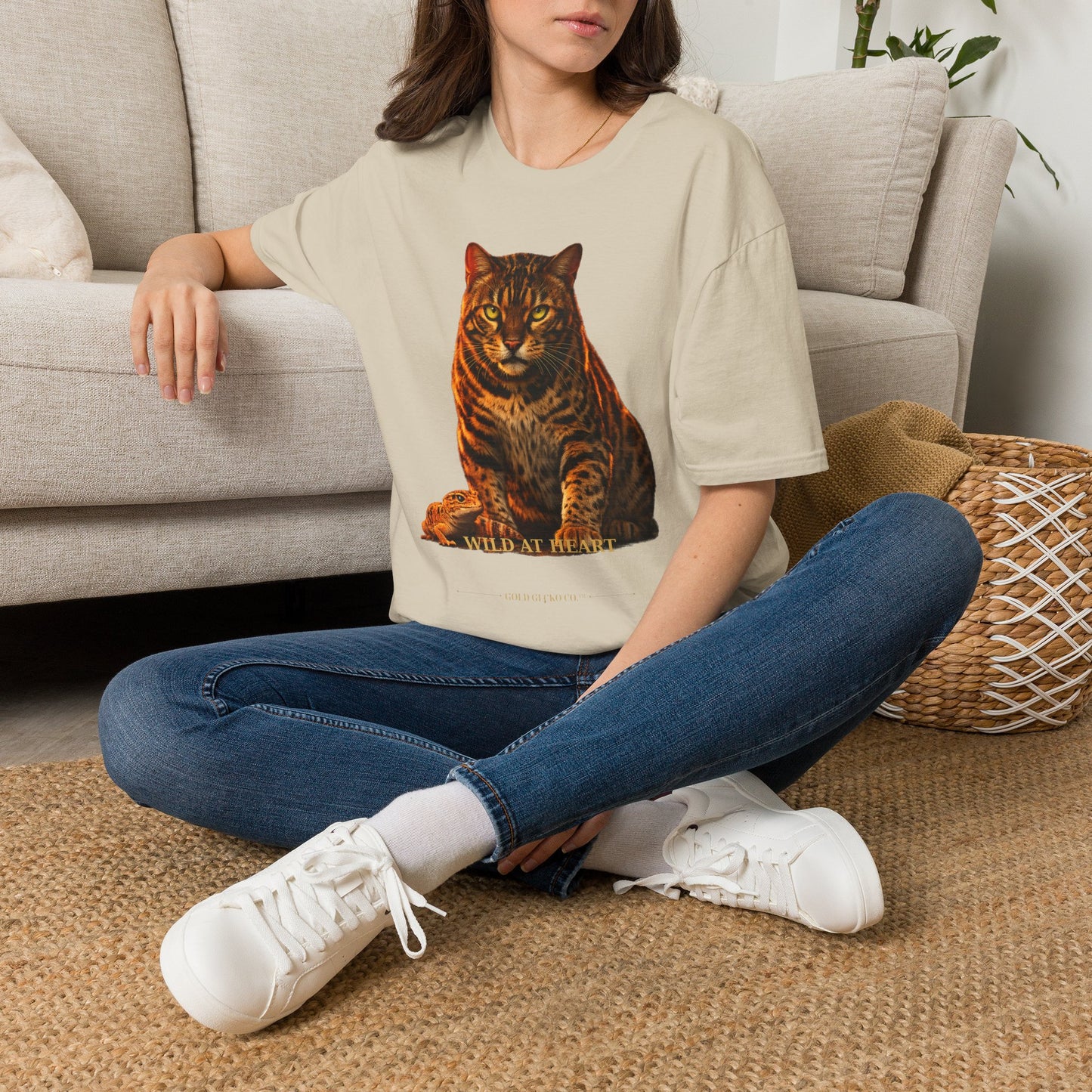 Bengal — Wild At Heart — photoreal cat breed portraits paired with tiny gecko compani. Gold Gecko Co. Cats & Geckos collection.