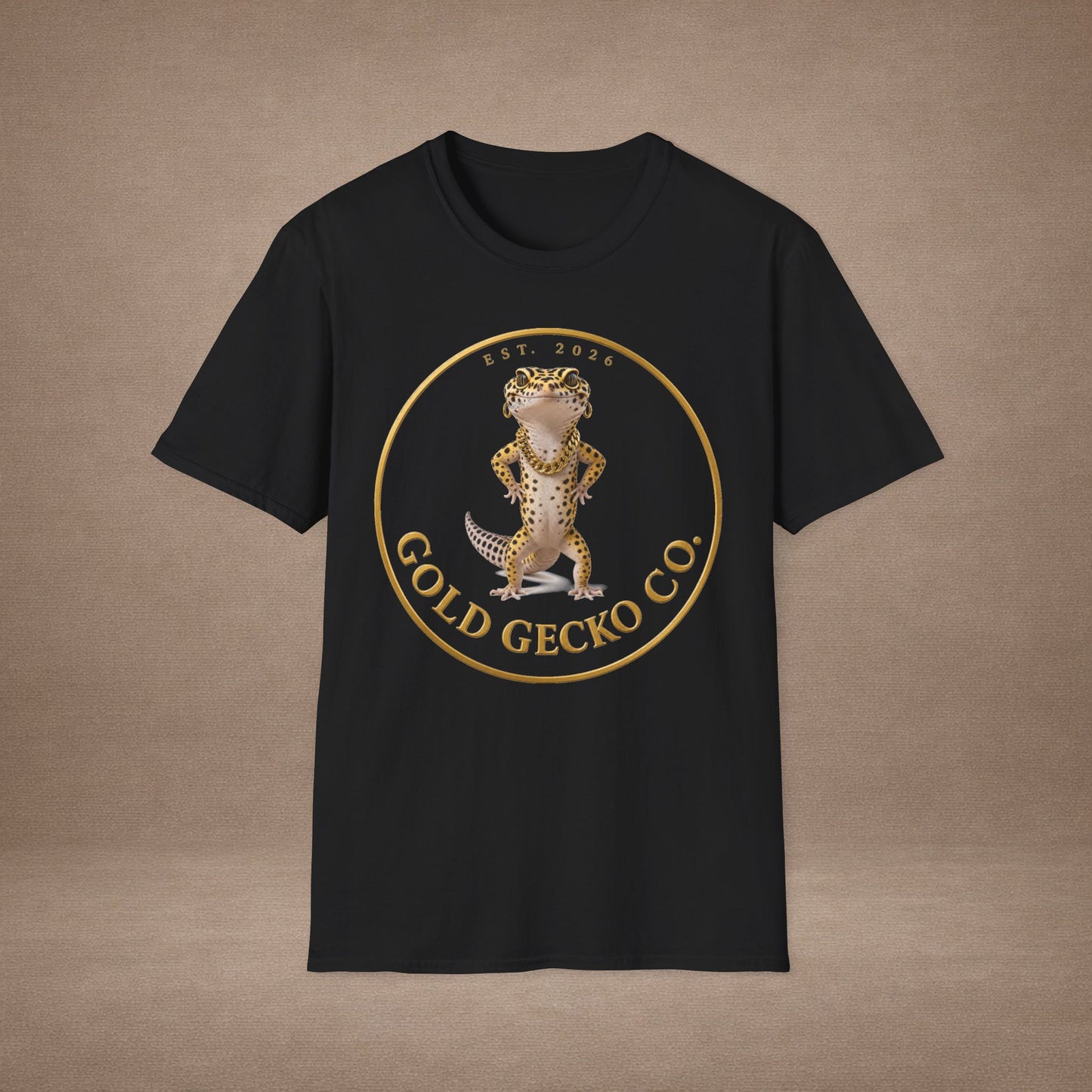 Design # 001  Gold Gecko Co. tm - Signature Logo Tee — Emblem Graphic T-Shirt (Front @ Back)