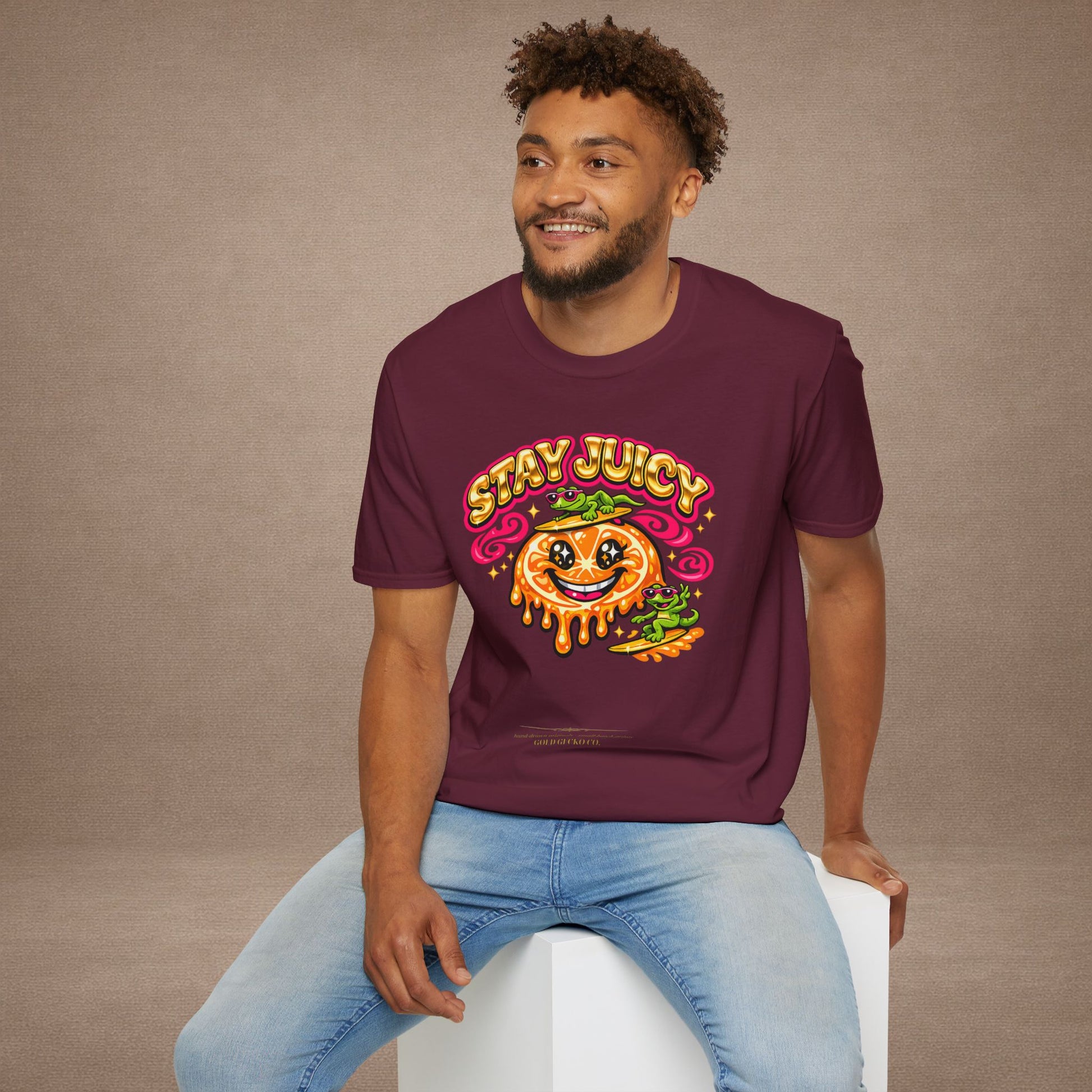 Stay Juicy retro chrome orange & gecko graphic t-shirt — Gold Gecko Co.