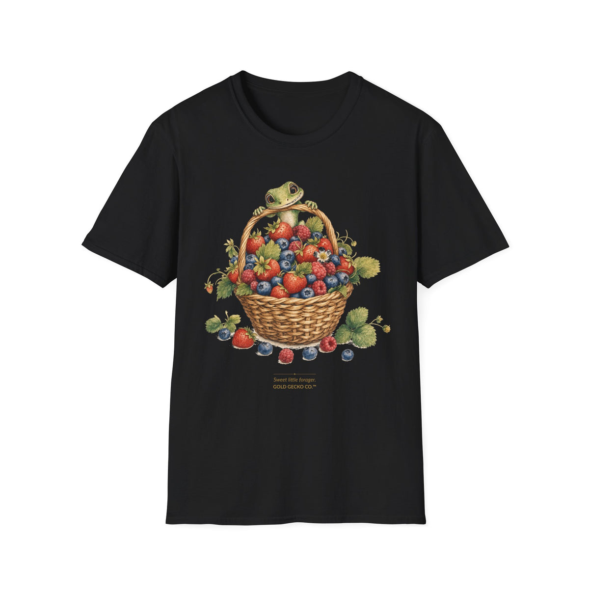 Berry Basket Buddy cottagecore watercolor T-shirt from Gold Gecko Co. — gecko nestled in a woven basket of wild strawberries and blueberries.
