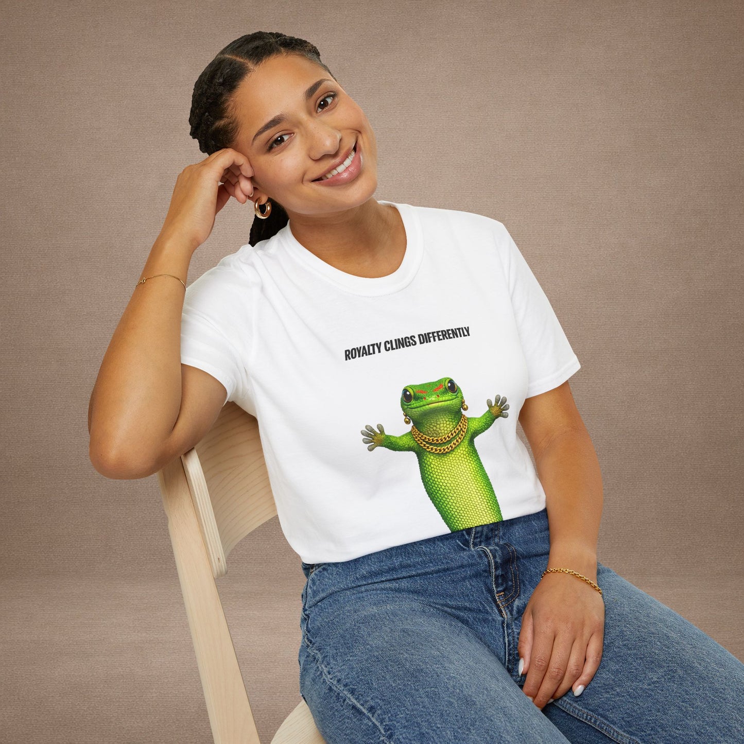DESIGN #2-1 Royalty Clings Differently — Day Gecko Tee - (Black Letters)