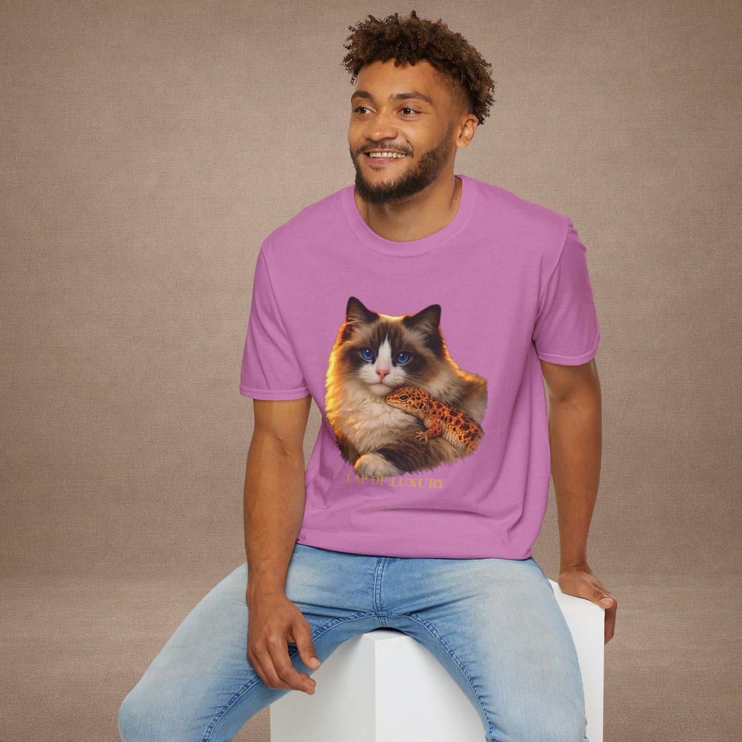 Ragdoll — Lap Of Luxury — photoreal cat breed portraits paired with tiny gecko compani. Gold Gecko Co. Cats & Geckos collection.