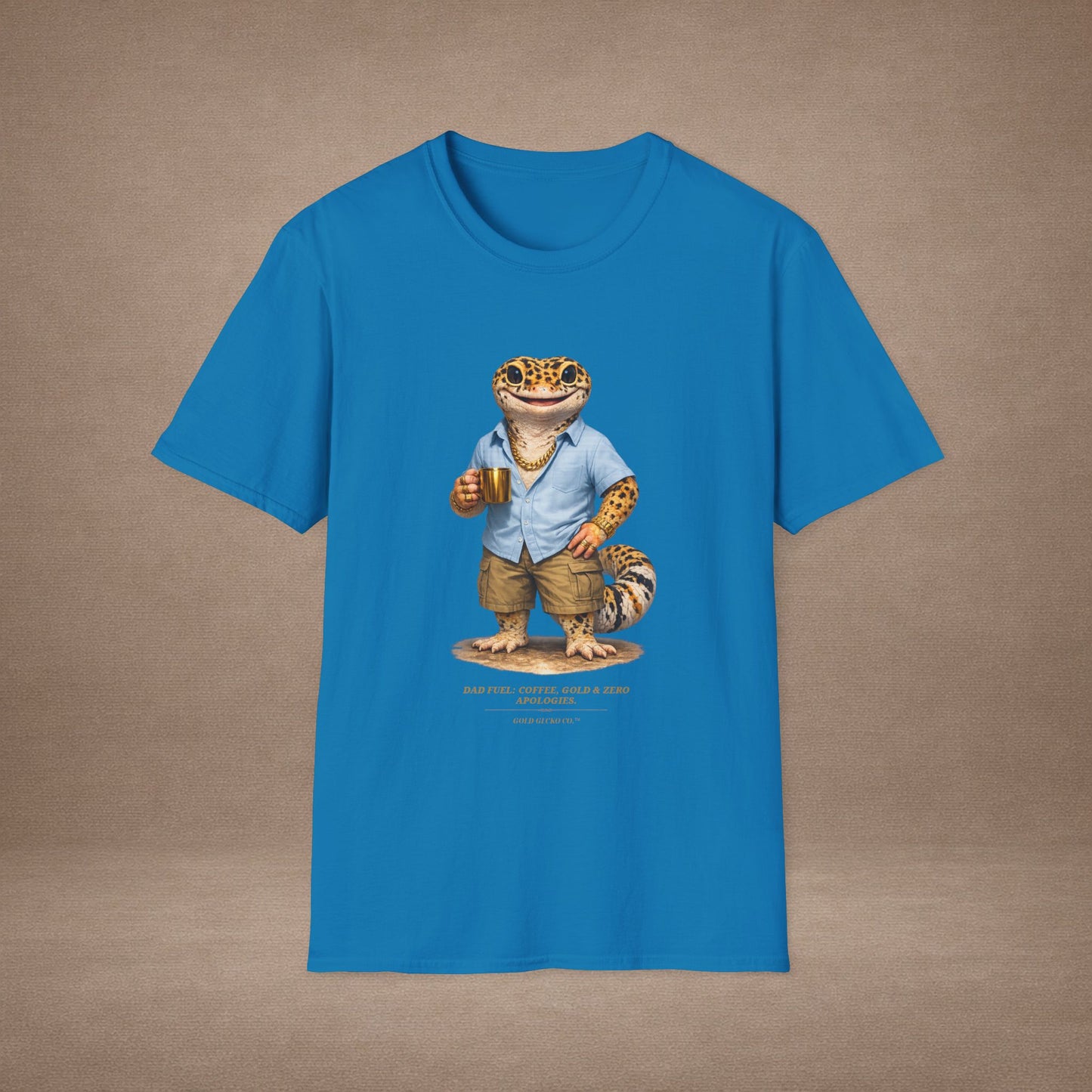 Design #03-2-2 - Coffee Dad (Leopard - Powder Blue Shirt, Gold Mug, Grass)