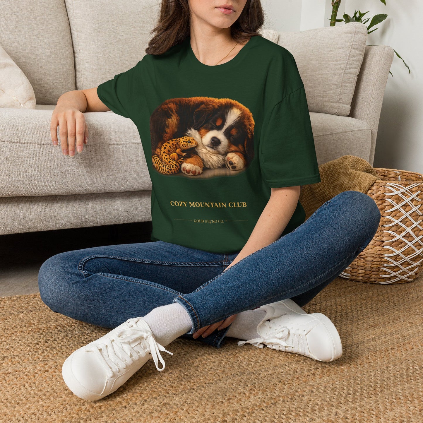 Bernese Mountain Dog — Cozy Mountain Club — cinematic photoreal portraits of beloved dog breeds paired w. Gold Gecko Co. Puppies & Geckos collection.
