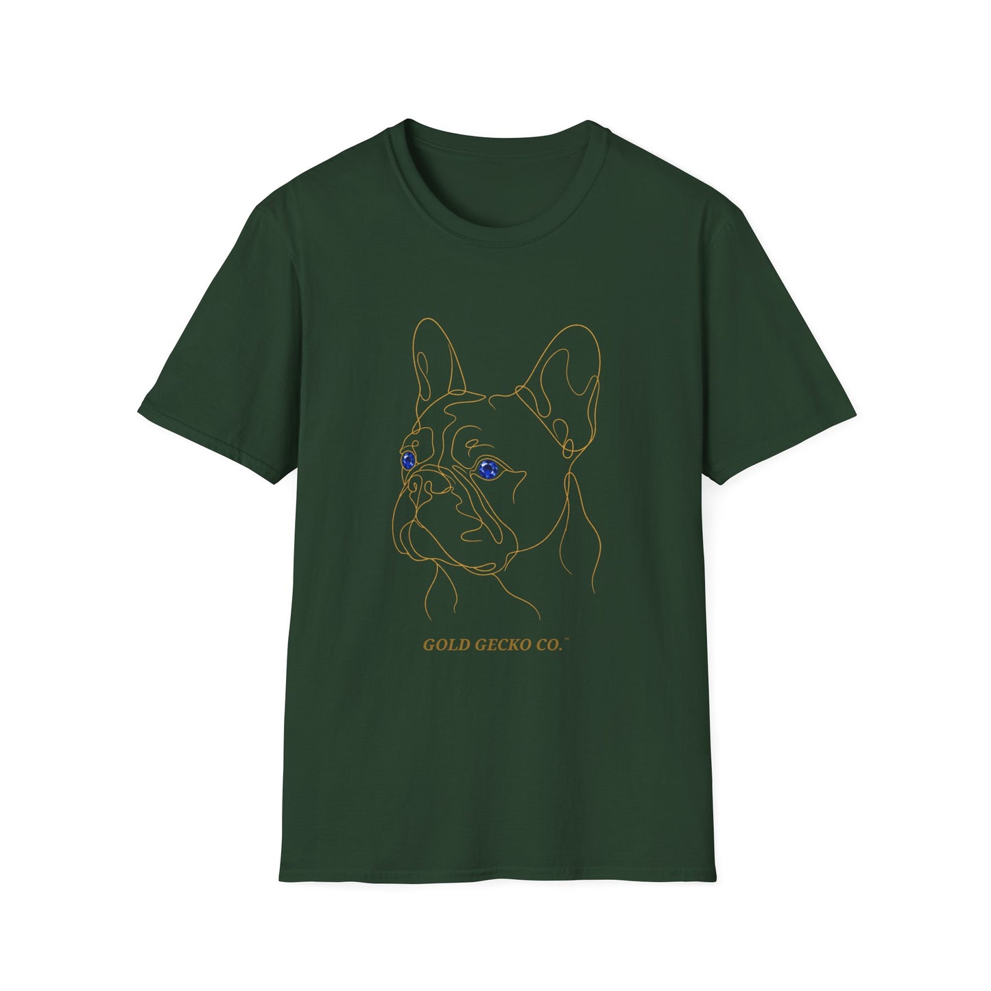 Sapphire French Bulldog single-line art with sapphire blue gem eye — Gold Gecko Co. Line & Gold collection (Dark)