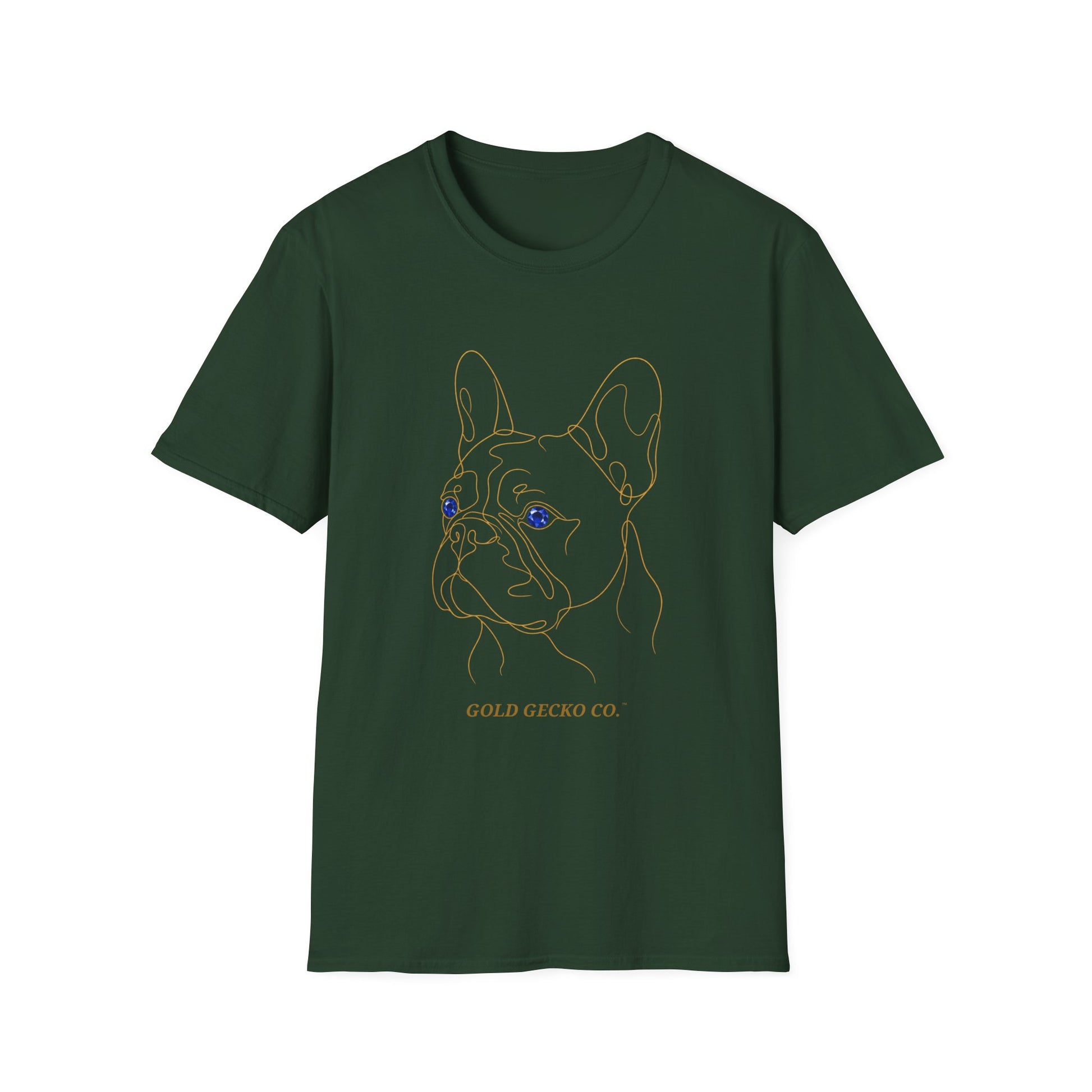 Sapphire French Bulldog single-line art with sapphire blue gem eye — Gold Gecko Co. Line & Gold collection (Dark)