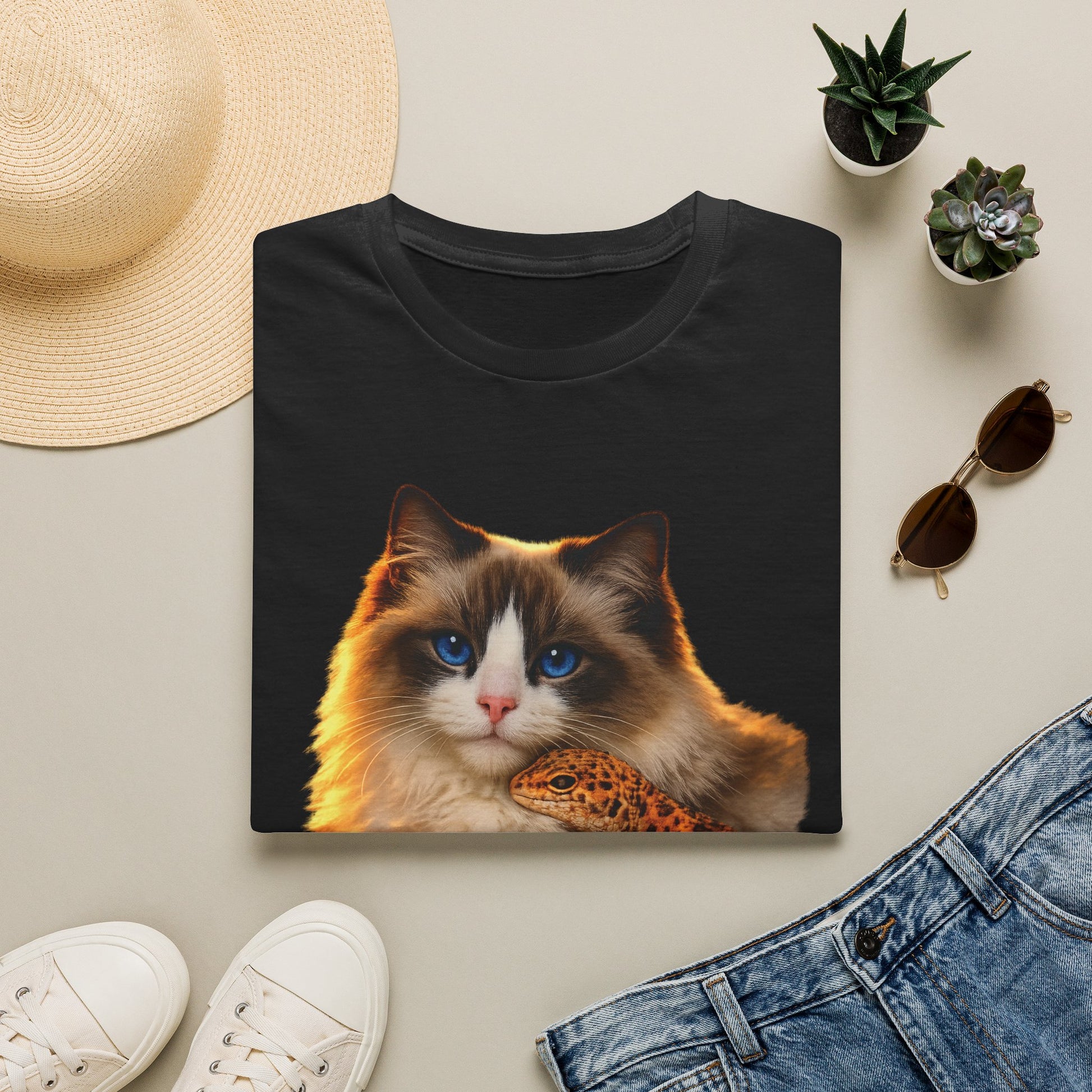 Ragdoll — Lap Of Luxury — photoreal cat breed portraits paired with tiny gecko compani. Gold Gecko Co. Cats & Geckos collection.