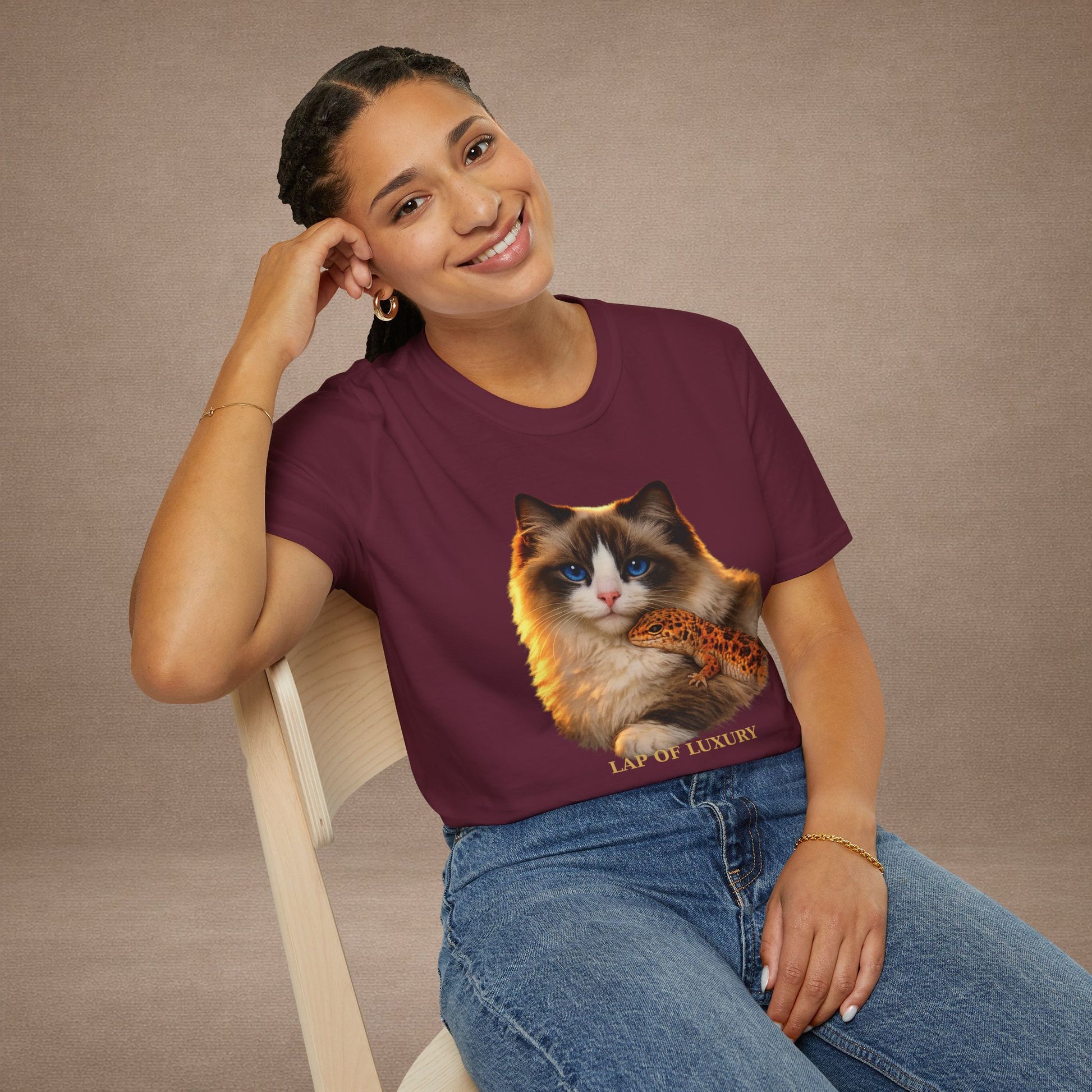 Ragdoll — Lap Of Luxury — photoreal cat breed portraits paired with tiny gecko compani. Gold Gecko Co. Cats & Geckos collection.